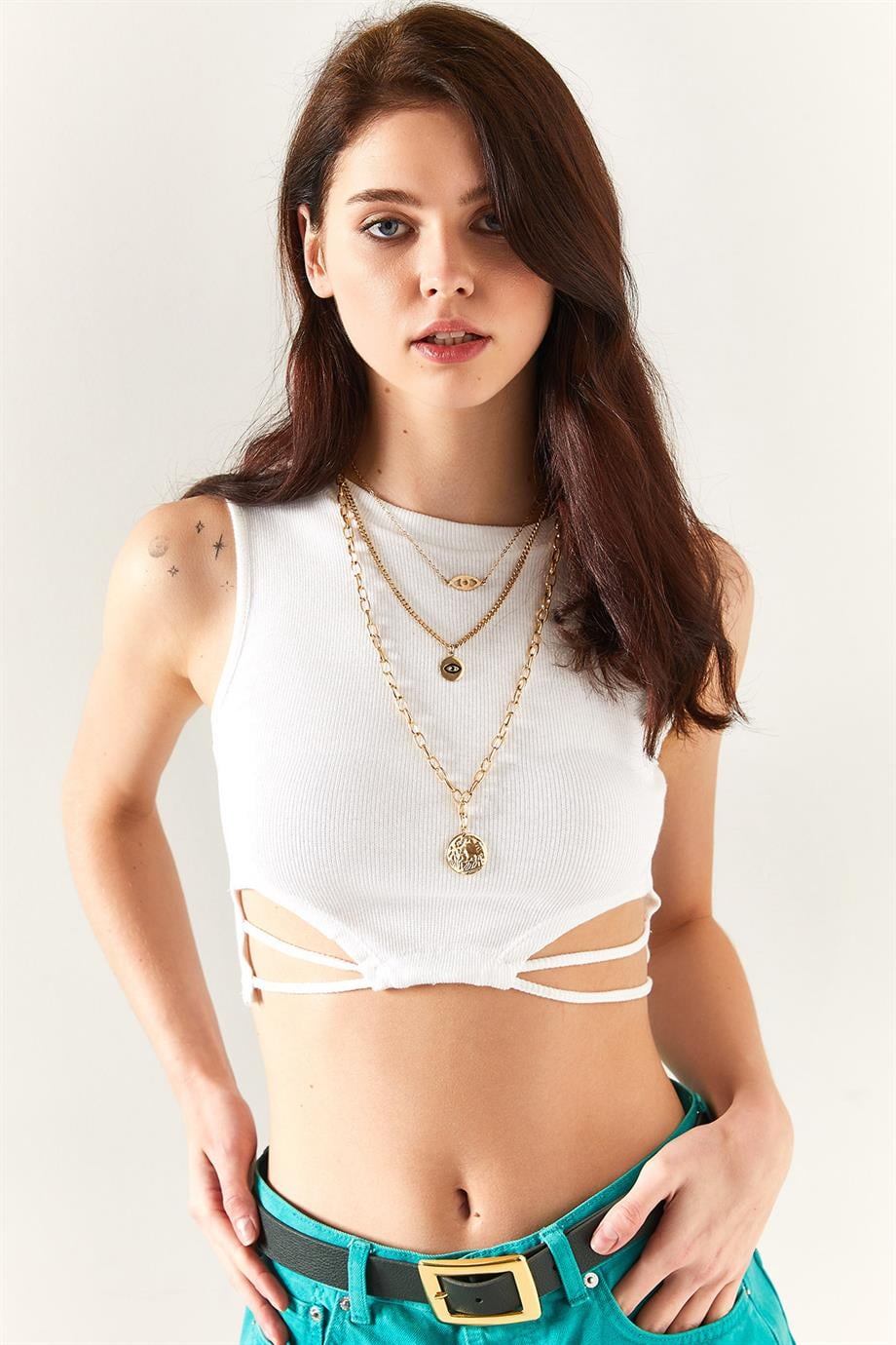 Bel Dekolteli Likralı Crop Bluz Ekru
