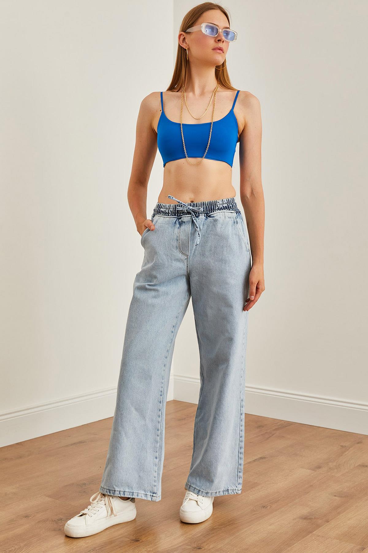 Beli Bağcıklı Cepli Palazzo Denim Pantolon Açık Mavi