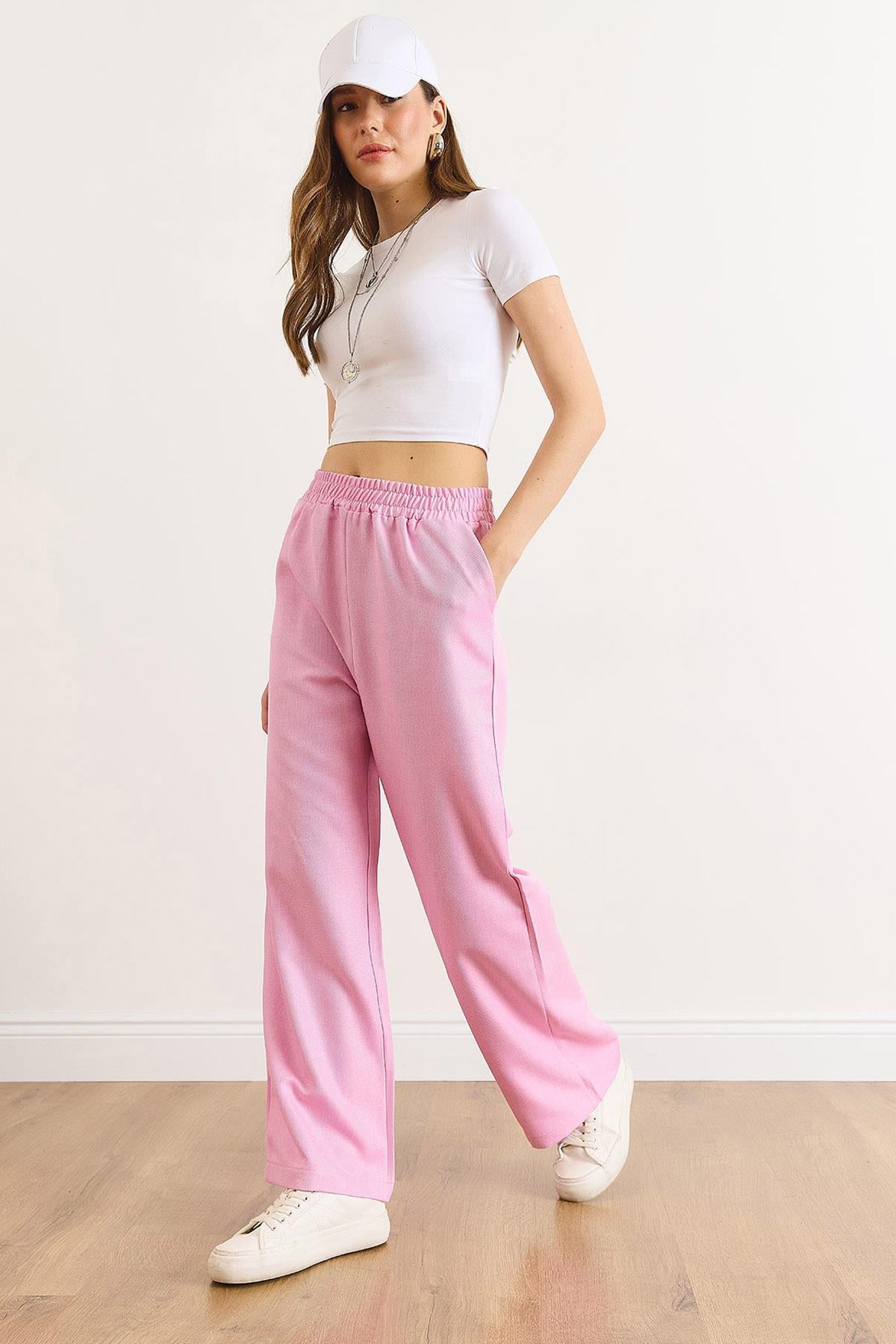 Beli Bantlı Cepli Yün Efektli Bol Paça Kışlık Pantolon Şeker Pembe