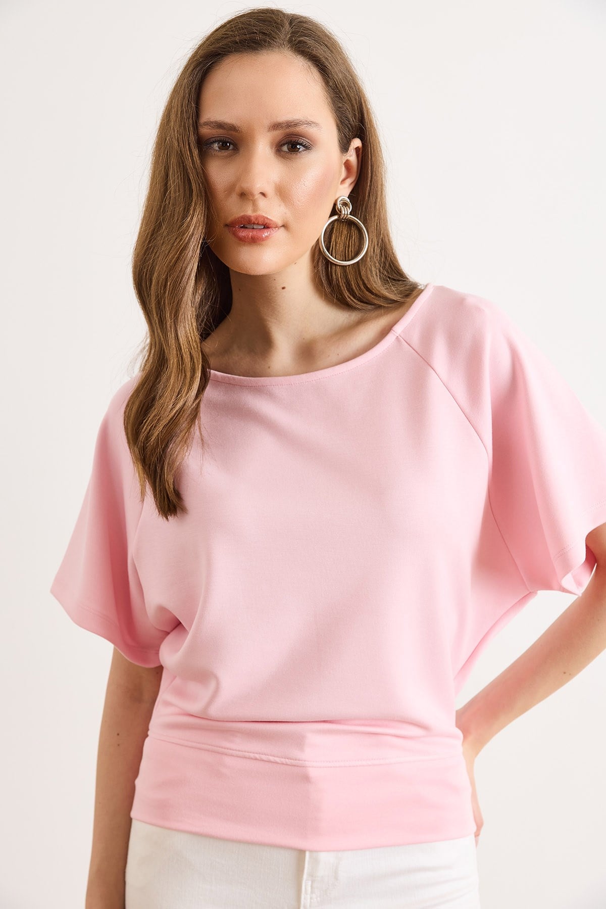 Beli Bantlı Yarasa Dökümlü Bluz Pembe