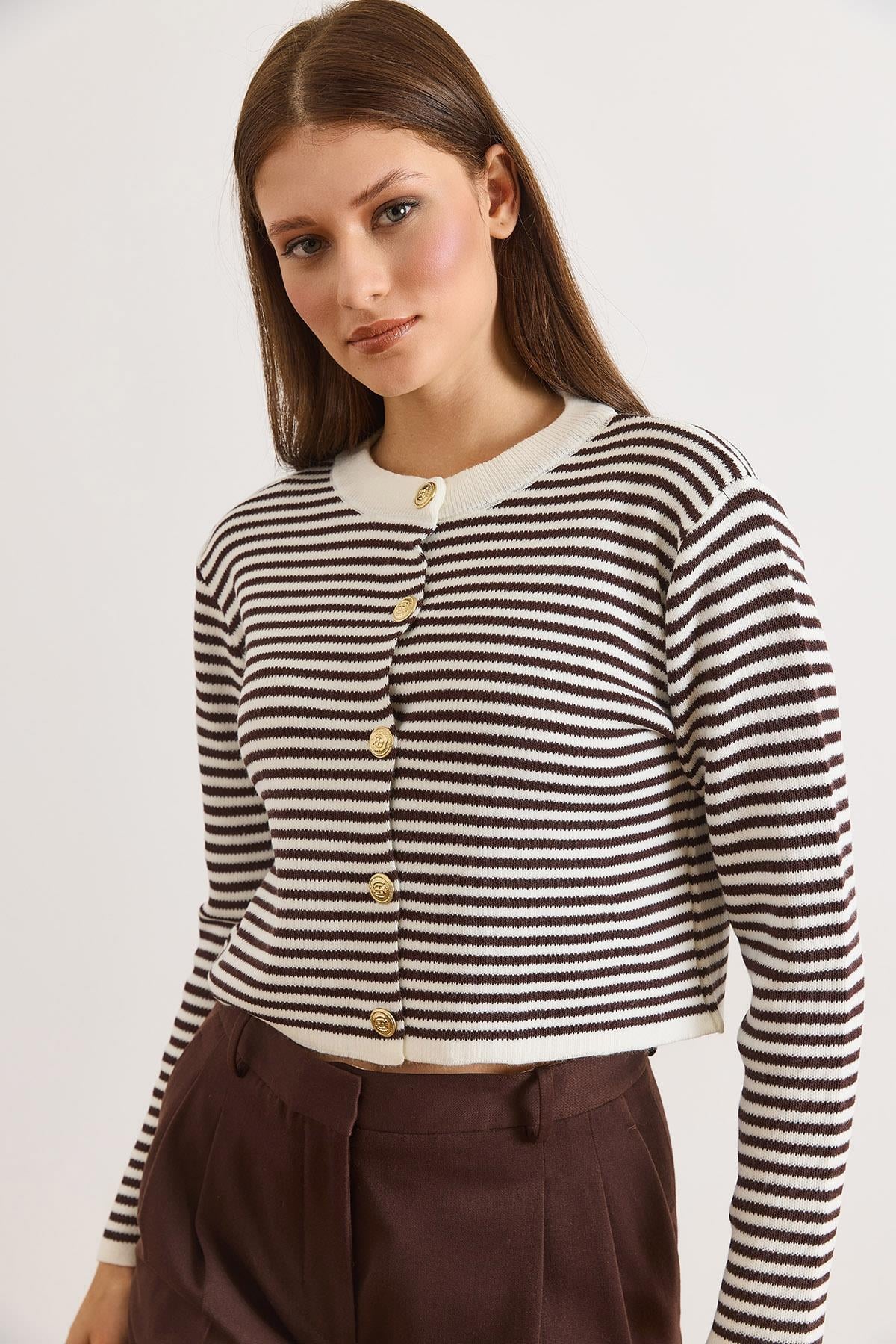 Bisiklet Yaka Çizgili Basic Triko Hırka Kahverengi