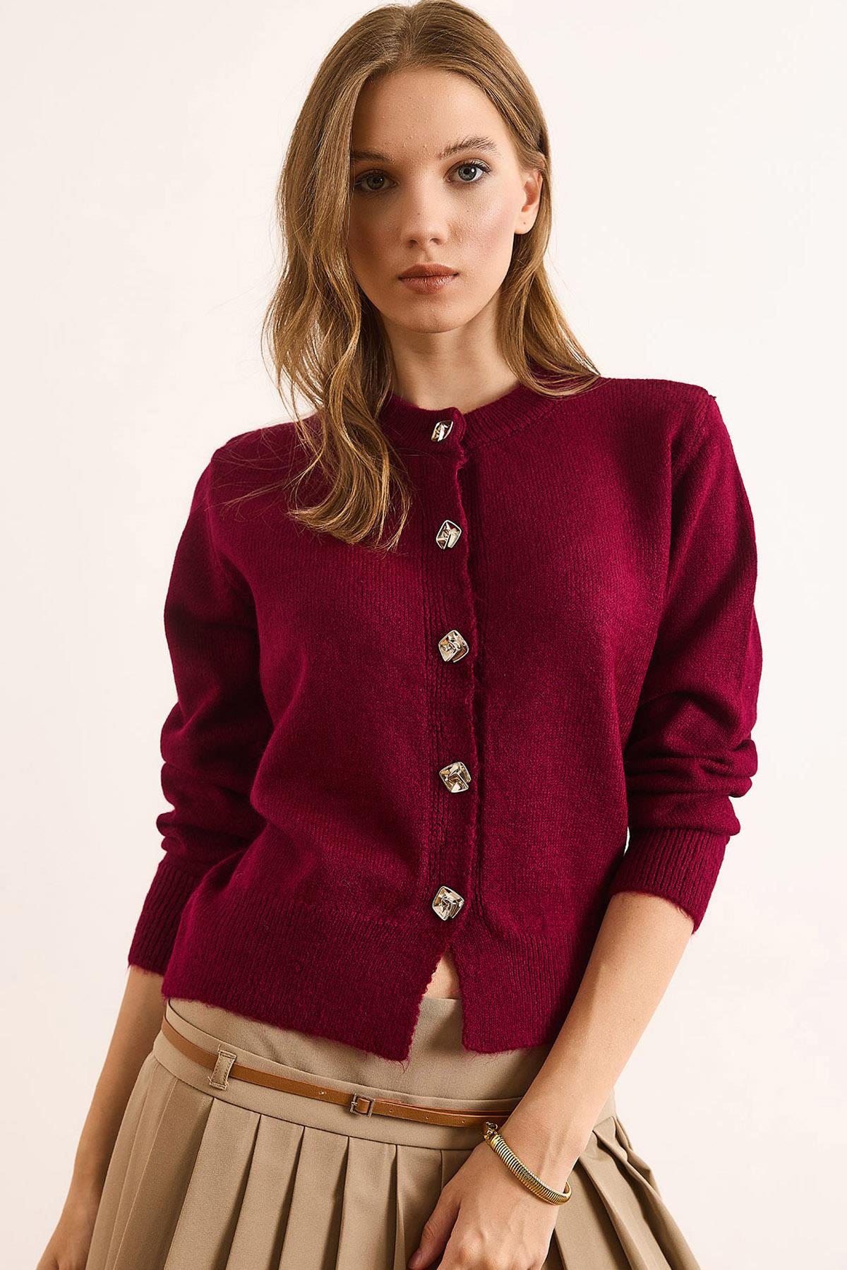 Bisiklet Yaka Yumuşak Dokulu Basic Hırka Bordo