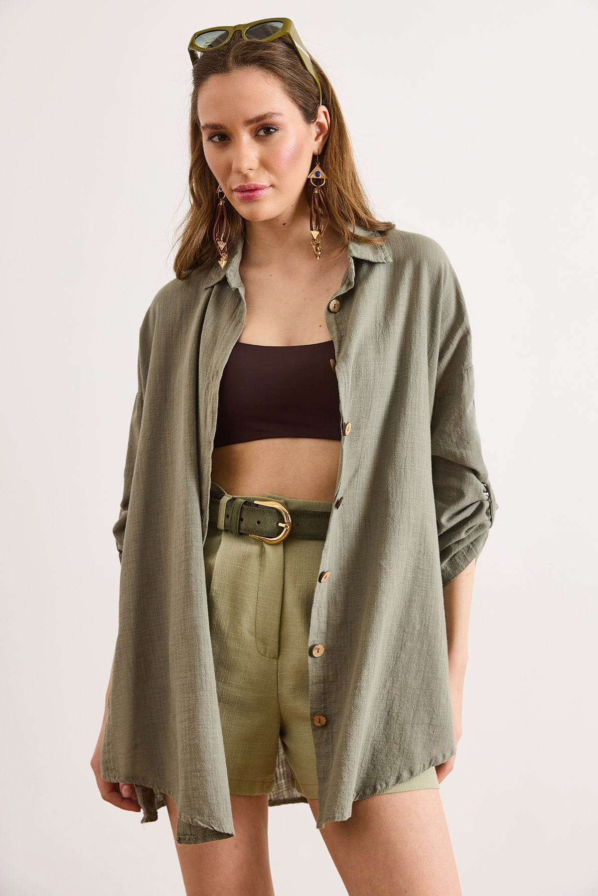Boho Yanları Düğmeli Yıkamalı %100 Pamuk Loose Fit Gömlek Haki