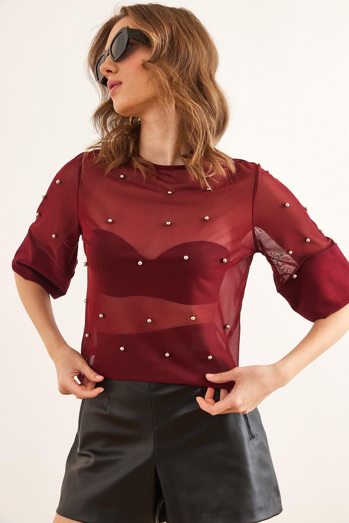Boncuk Detaylı Transparan Bluz Bordo