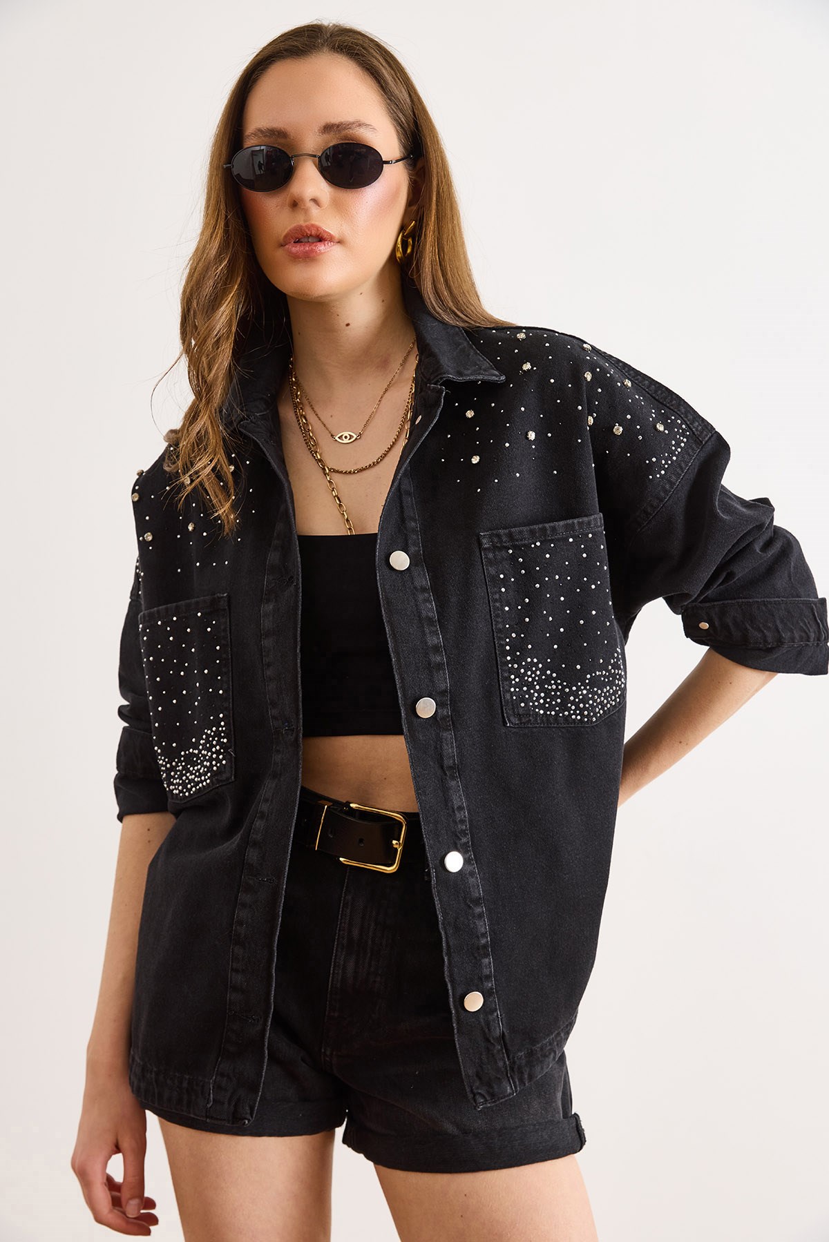 Boncuk ve Taş Detaylı Oversize Denim Ceket Siyah