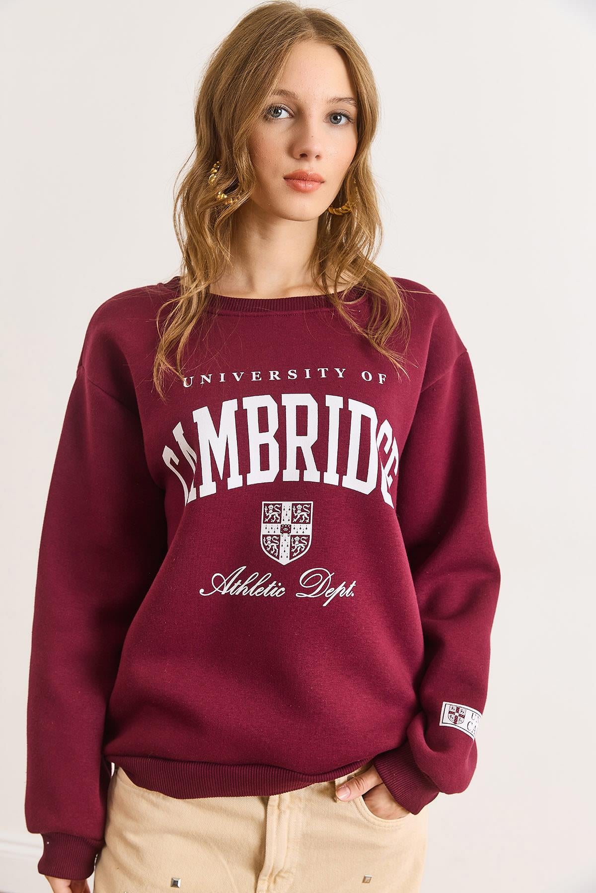Cambridge Baskılı Şardonlu Kalın Sweatshirt Bordo