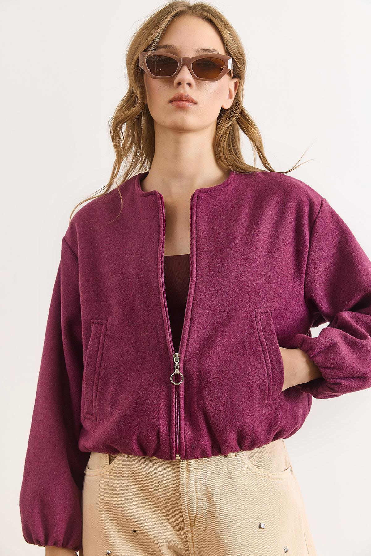 Cepli Astarlı Bisiklet Yaka Crop Kaşe Ceket Mor