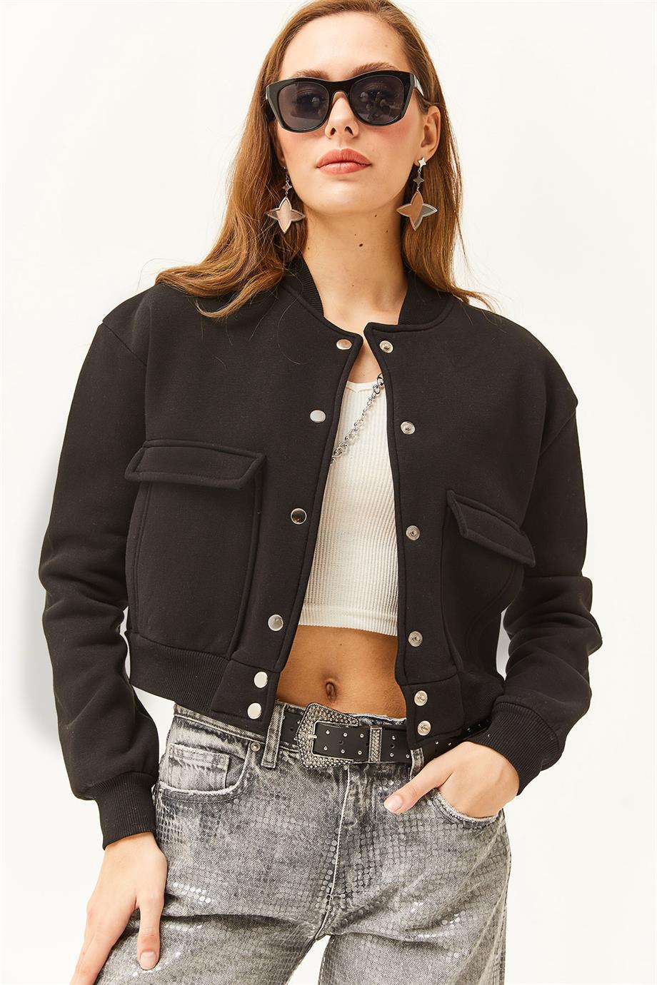 Cepli Çıtçıt Kapama İçi Polarlı Crop Ceket Siyah