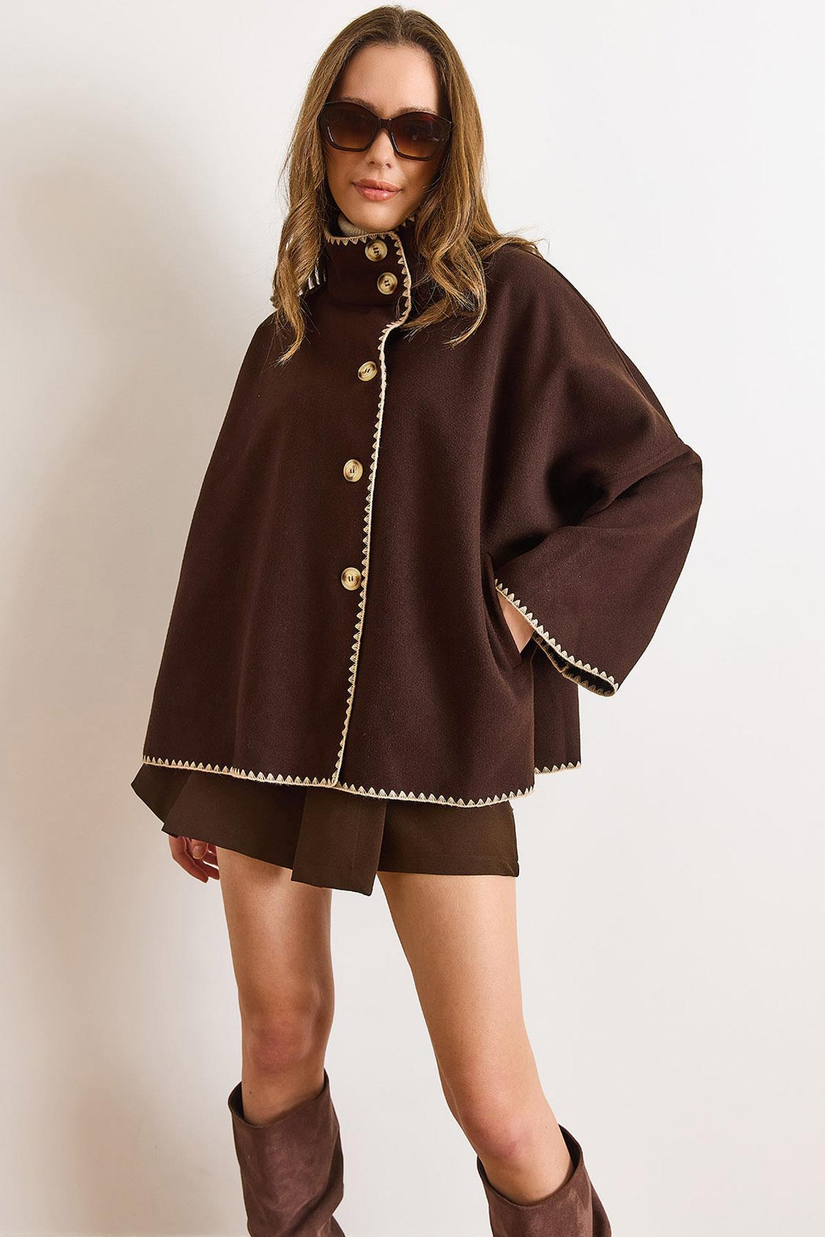 Cepli Çoban Dikişli Astarsız Oversize Kaşe Ceket Kahverengi