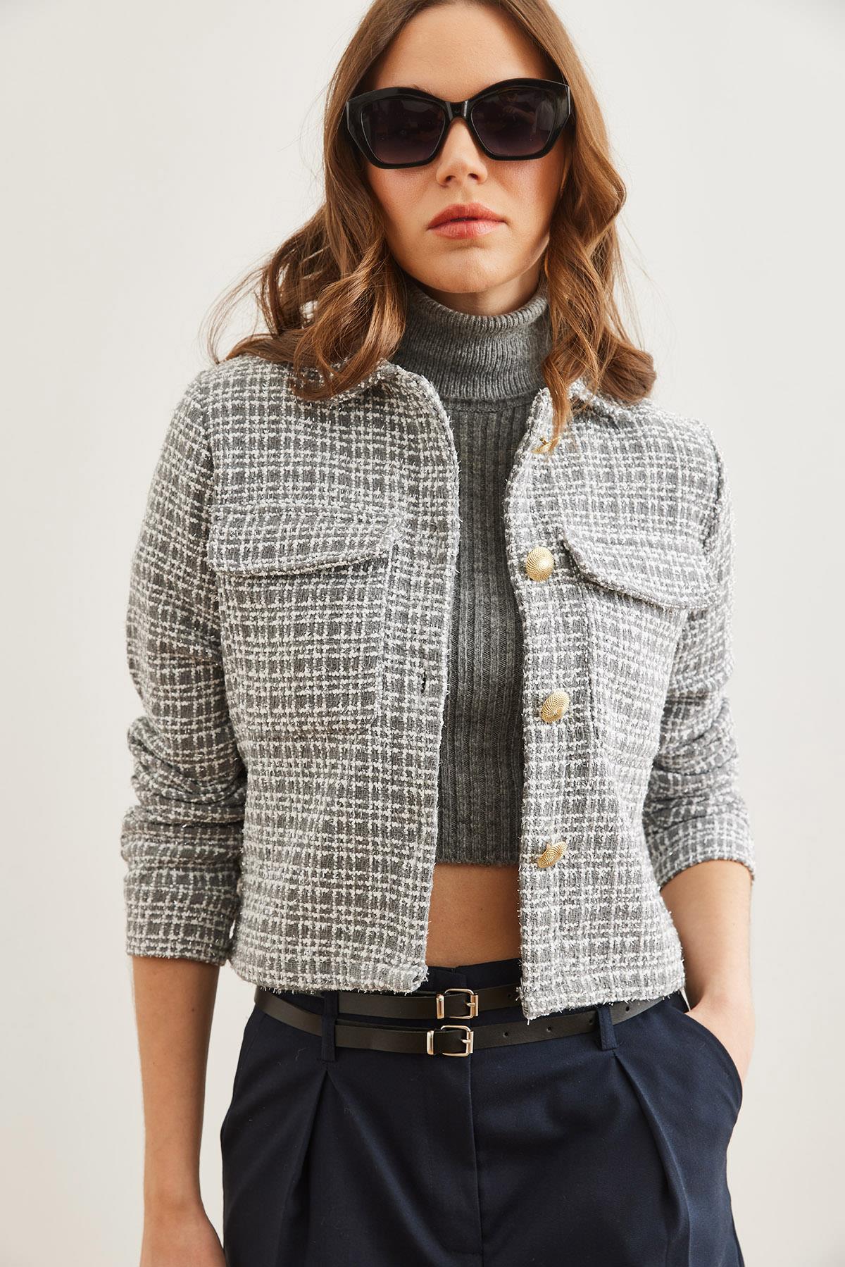 Cepli Düğmeli Sim Detaylı Tüvit Ceket Füme