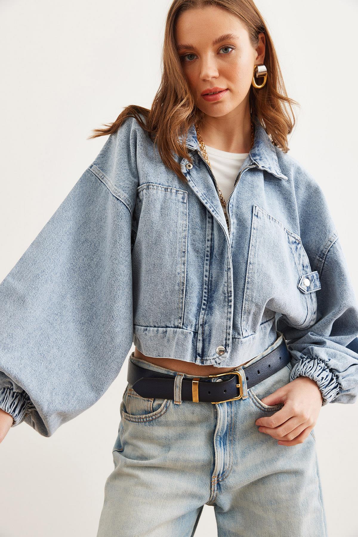 Cepli Fermuarlı Balon Kol Denim Crop Ceket Mavi