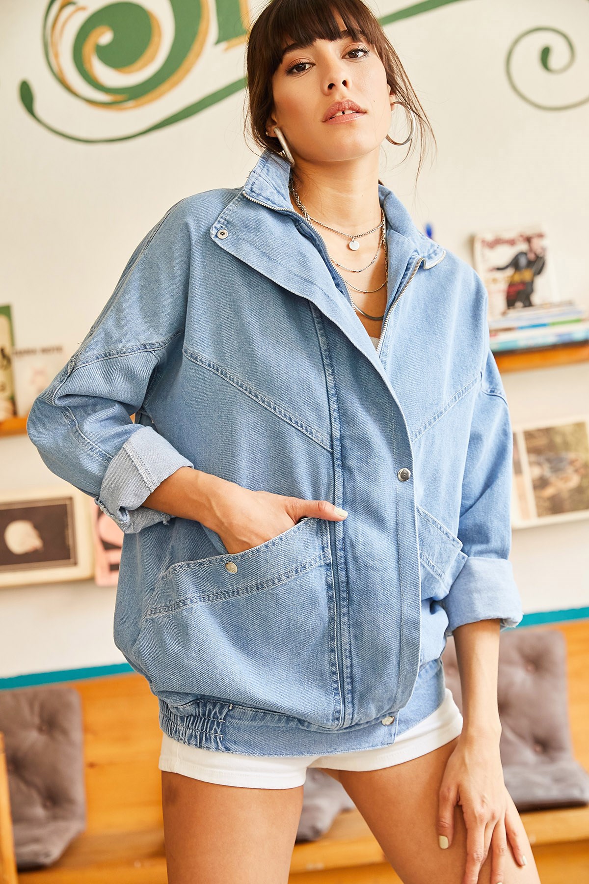 Cepli Fermuarlı Çıtçıtlı Uzun Denim Ceket Mavi