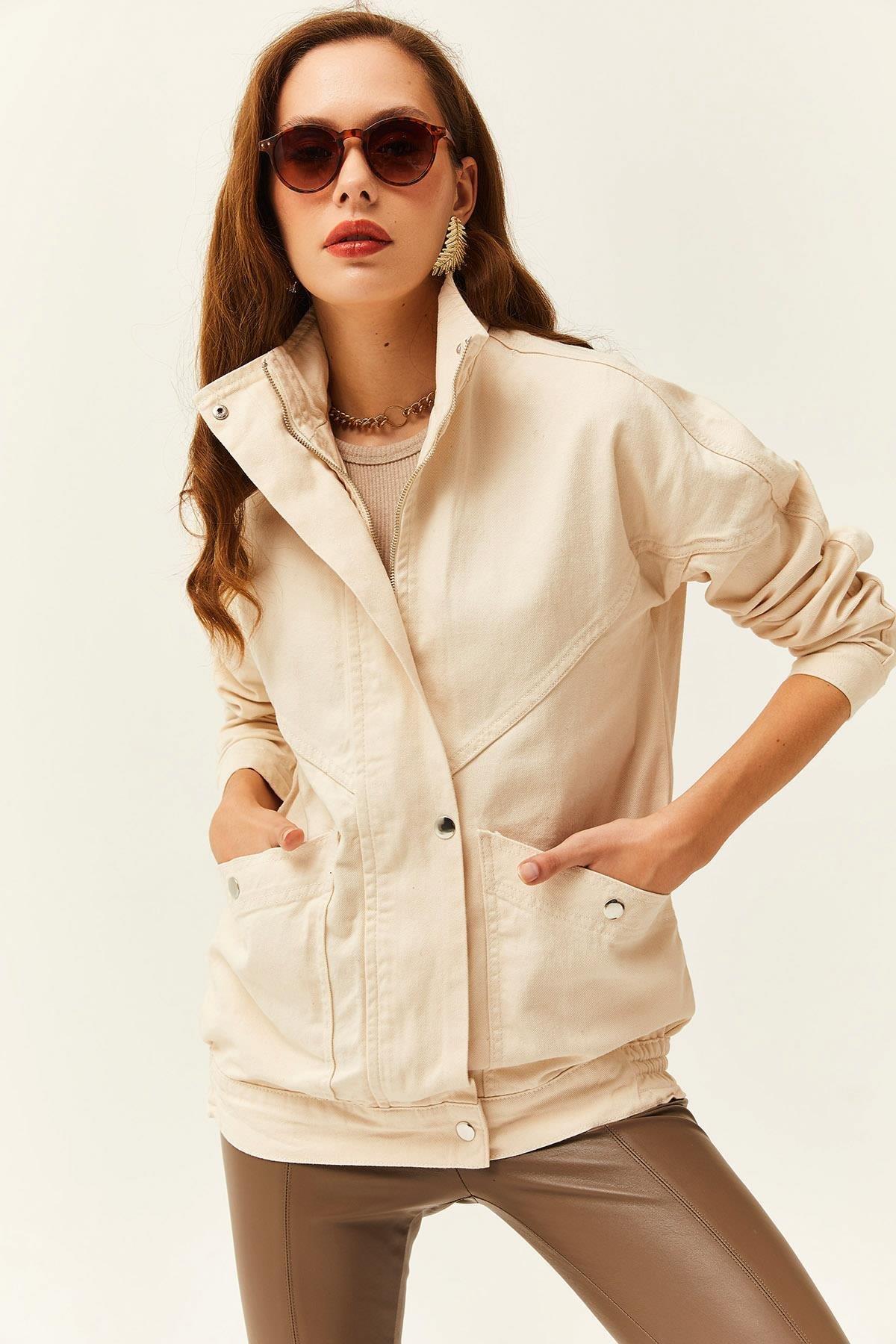 Cepli Fermuarlı Çıtçıtlı Uzun Denim Ceket Taş