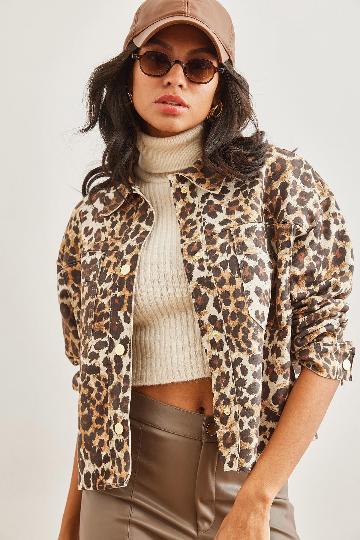 Cepli Leopar Süet Ceket Kahverengi