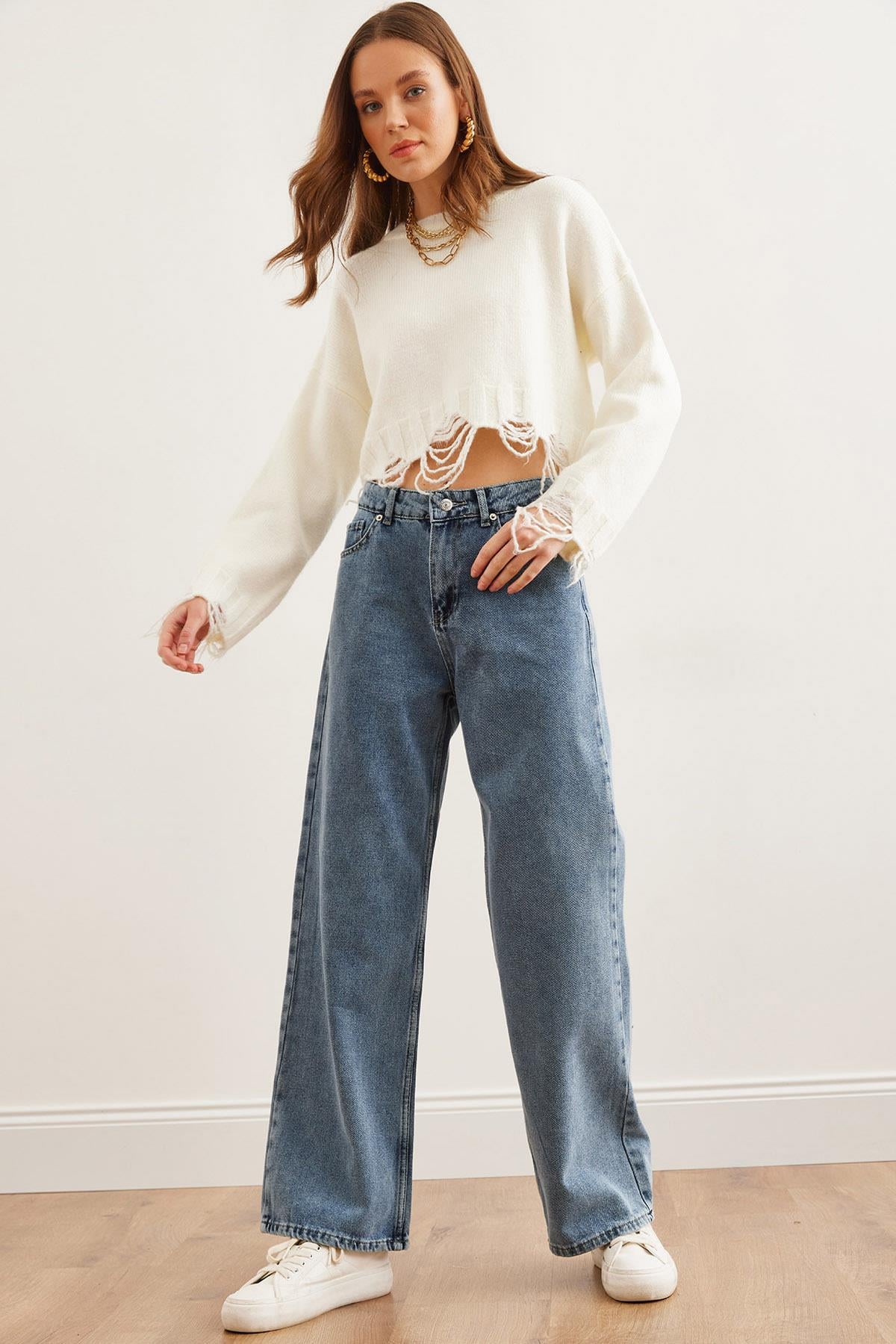 Cepli Wide Leg Denim Jean Mavi