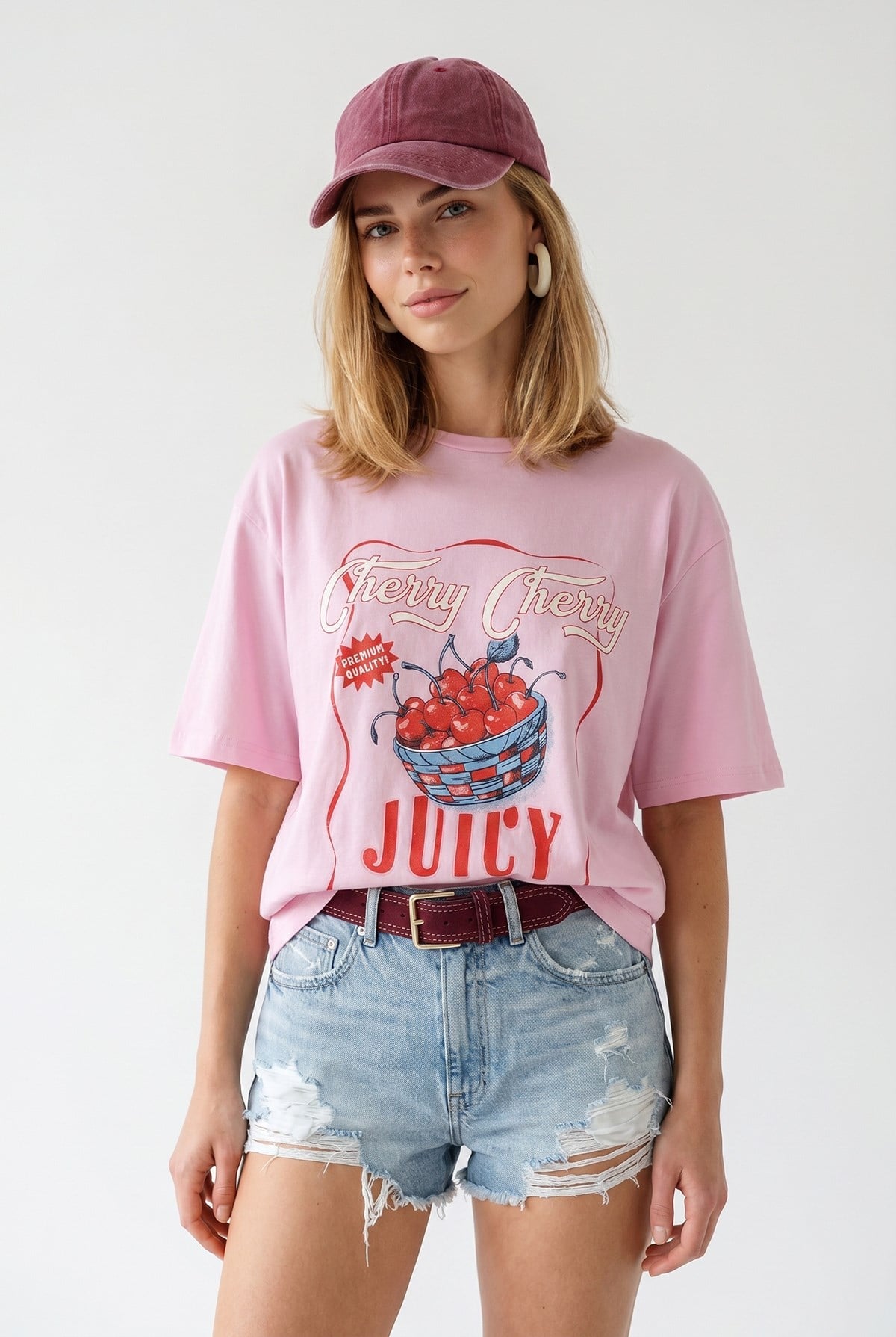Cherry Juicy Loose Fit Pamuk Tişört Pembe