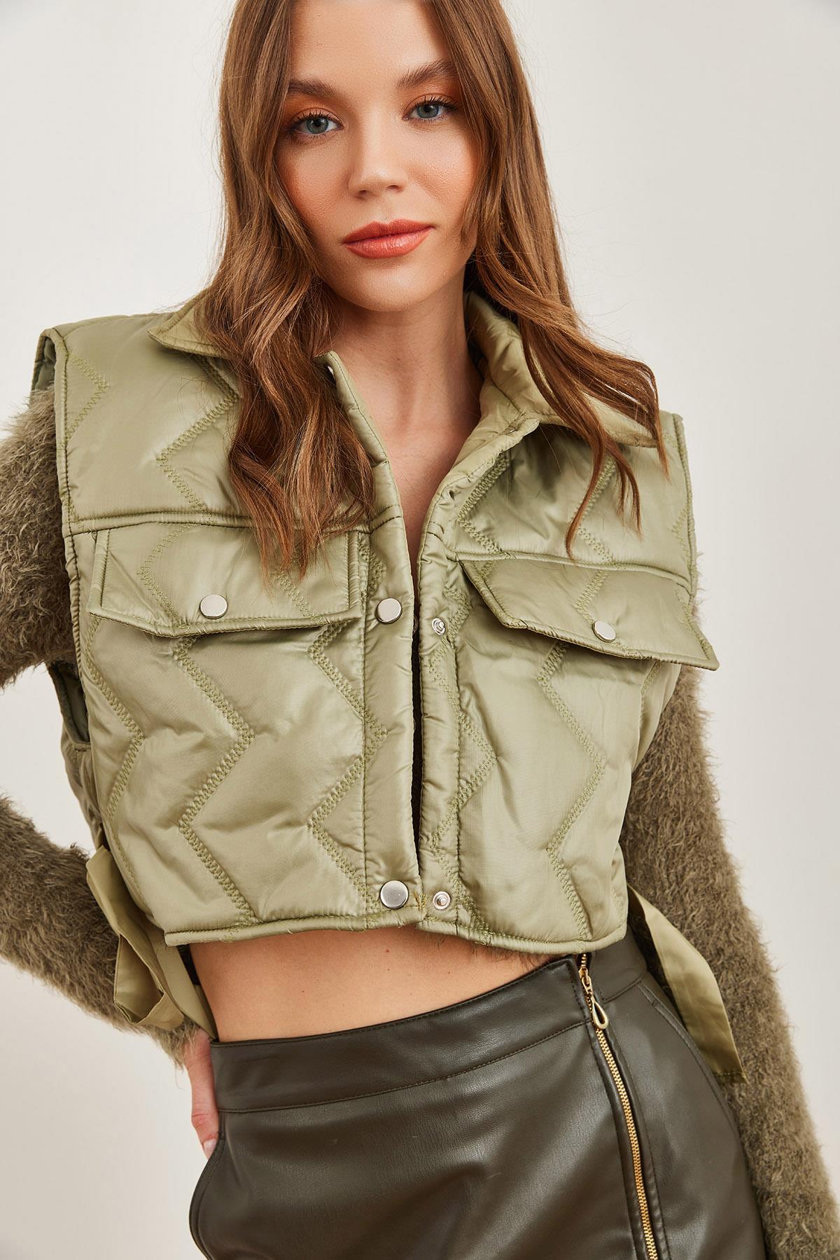 Çift Cepli Astarlı Kapitone Şişme Yelek Haki