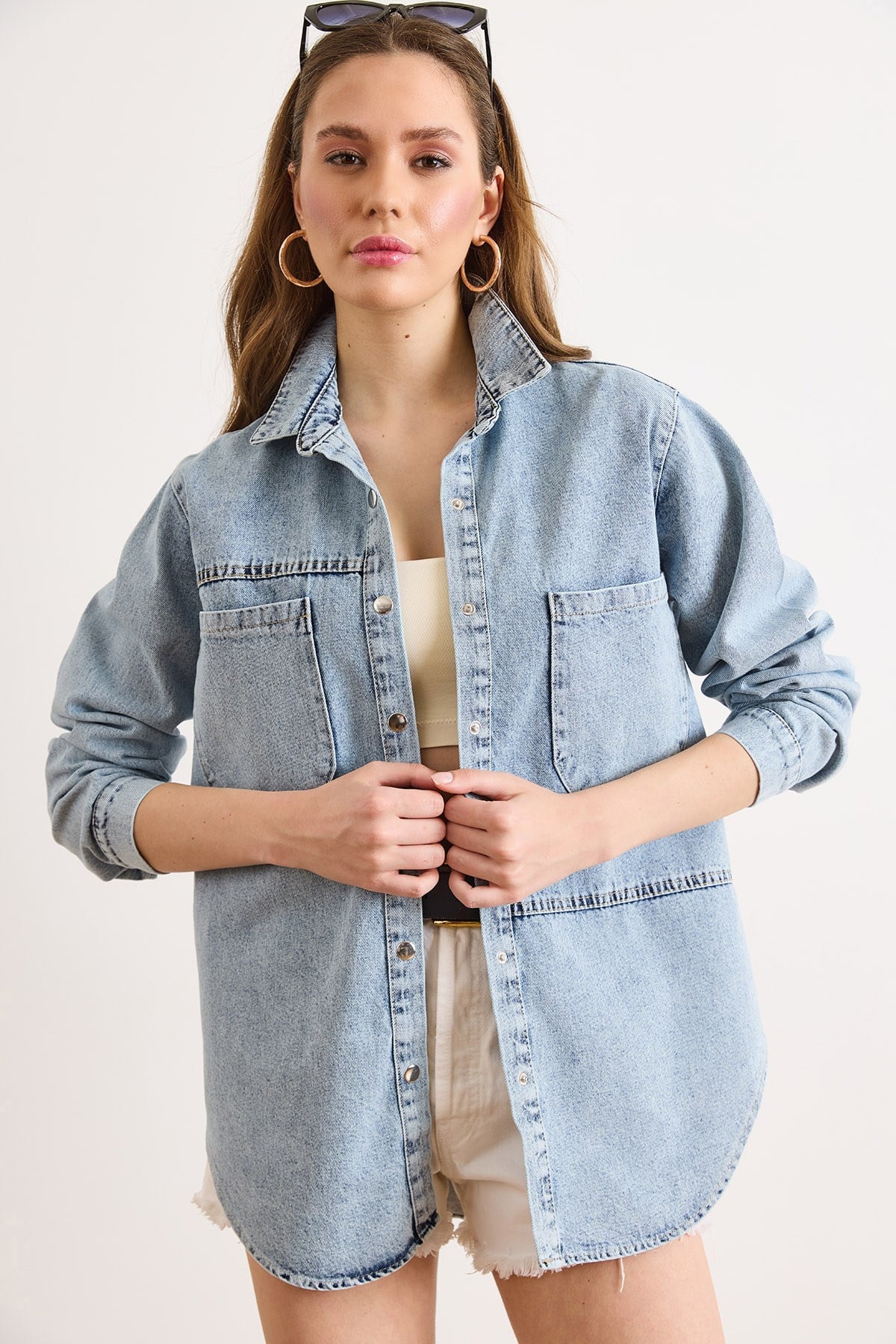 Çift Cepli Çıtçıt Kapama Denim Gömlek Ceket Açık Mavi