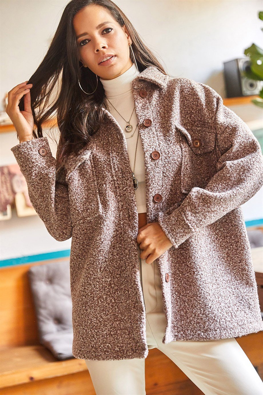 Çift Cepli Düğmeli Astarsız Buklet Ceket Kahverengi