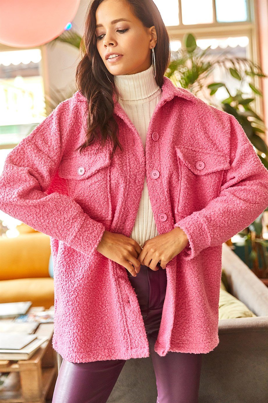 Çift Cepli Düğmeli Astarsız Buklet Ceket Şeker Pembe