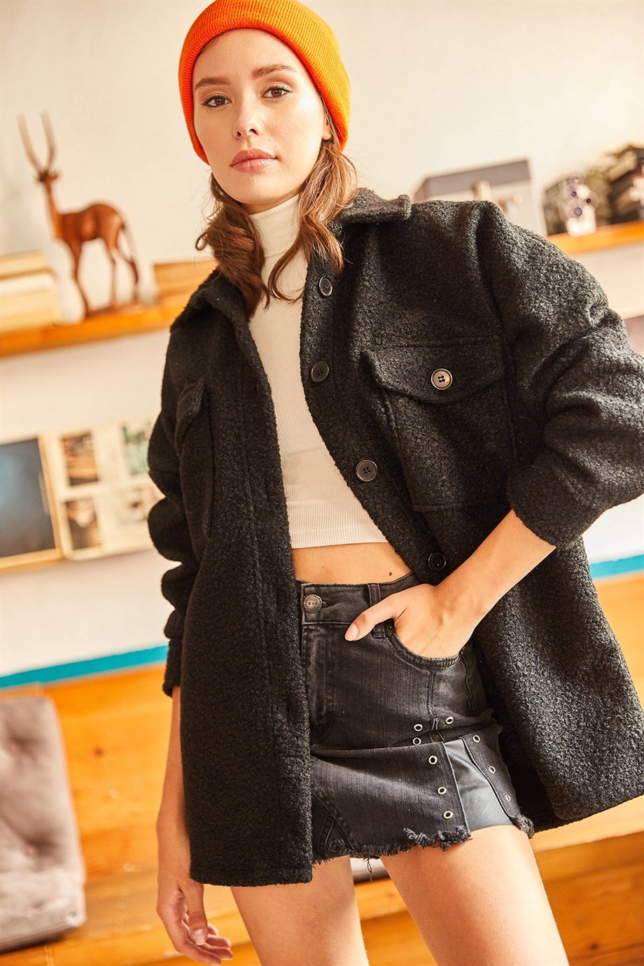 Çift Cepli Düğmeli Astarsız Buklet Ceket Siyah