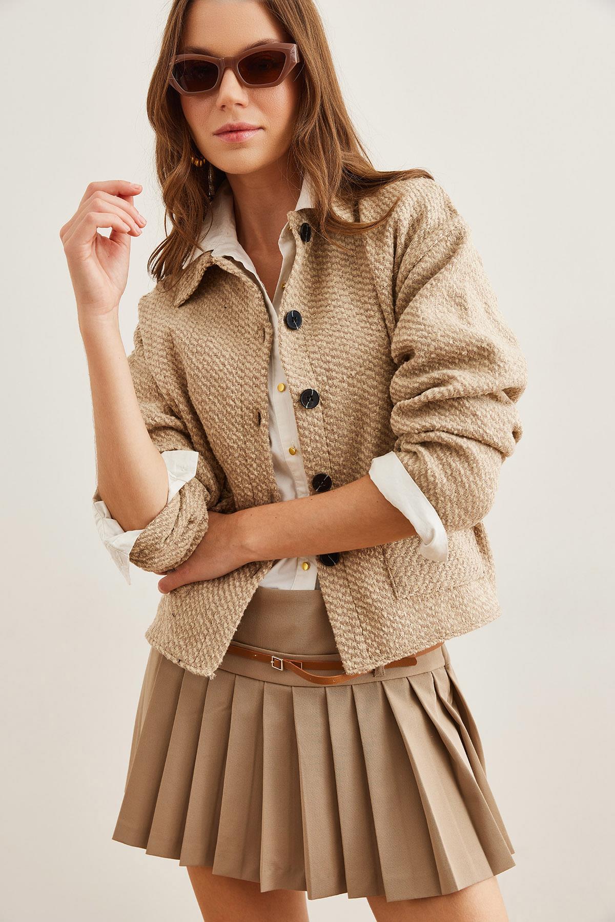 Çift Cepli Kaşe Astarsız Ceket Bej