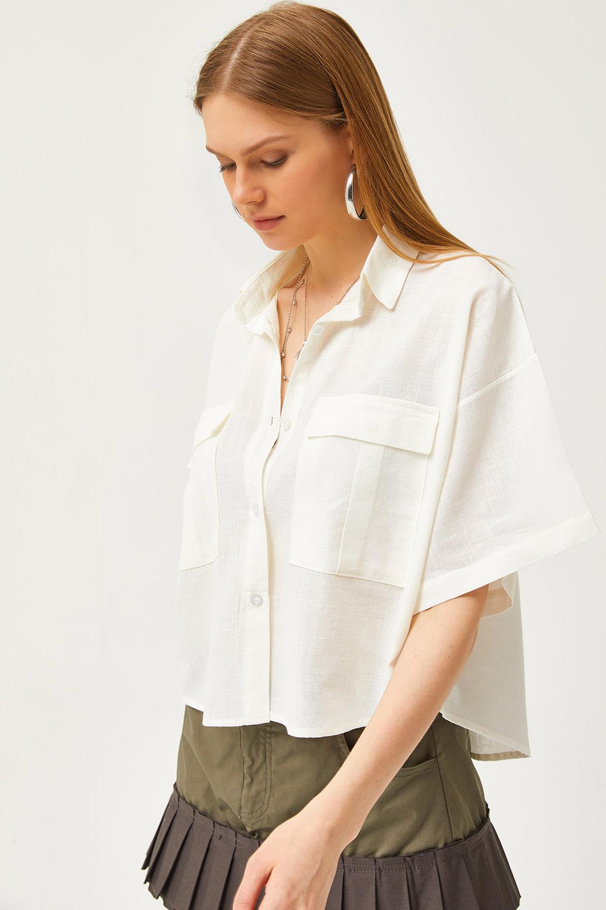 Çift Cepli Oversize Flamlı Crop Gömlek Ekru