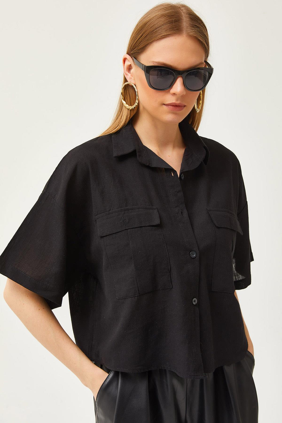 Çift Cepli Oversize Flamlı Crop Gömlek Siyah