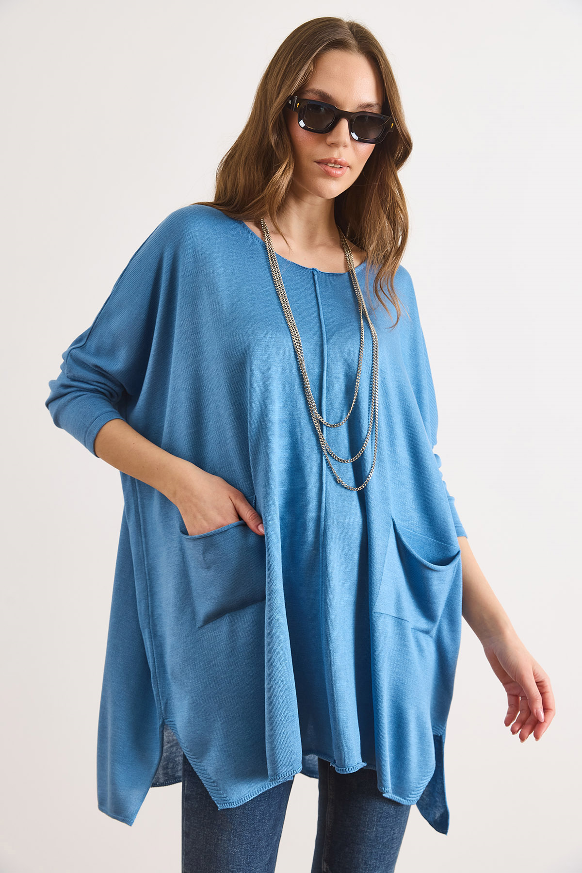 Çift Cepli Oversize Yırtmaçlı Uzun Triko Tunik Mavi