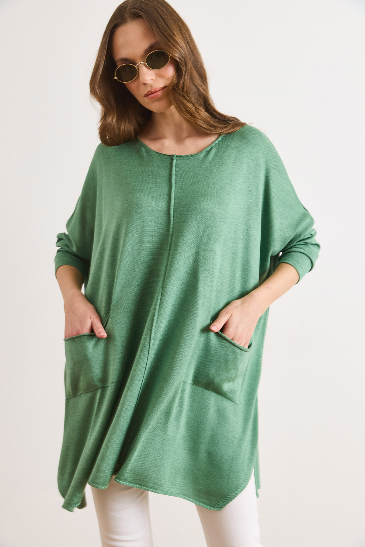 Çift Cepli Oversize Yırtmaçlı Uzun Triko Tunik Yeşil