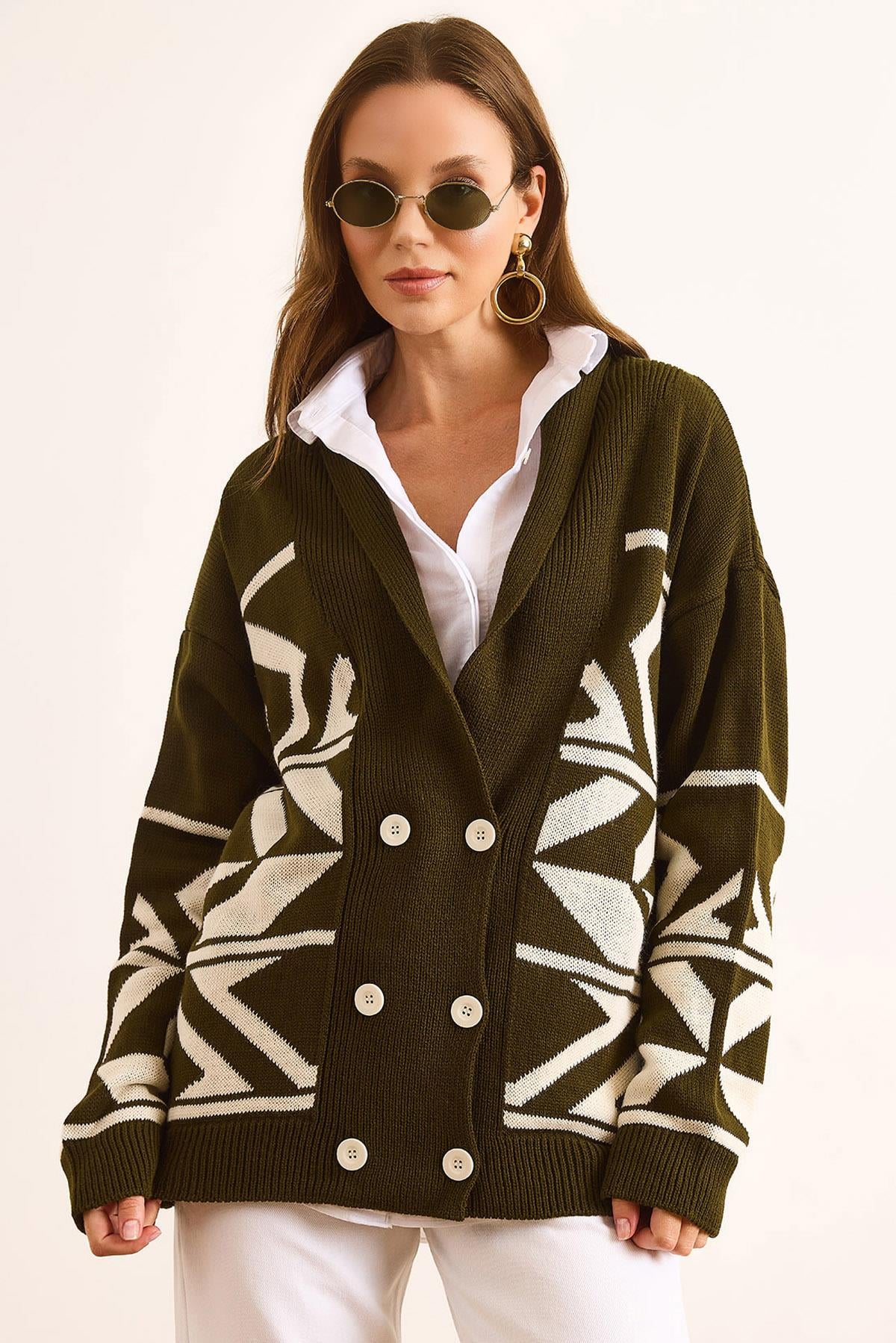 Çift Düğmeli Oversize Triko Hırka Haki