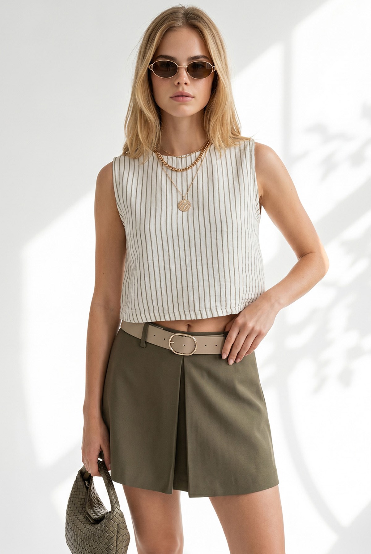 Çizgili Crop Müslin Bluz Ekru Haki