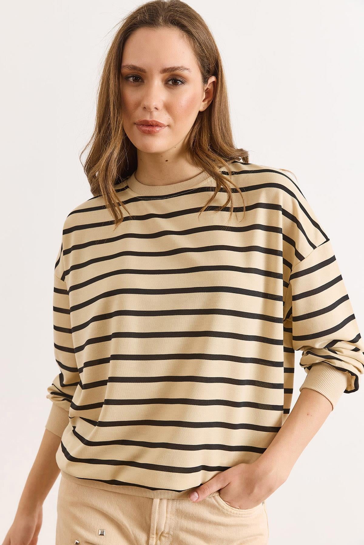 Çizgili İnce Sweatshirt Taş Siyah