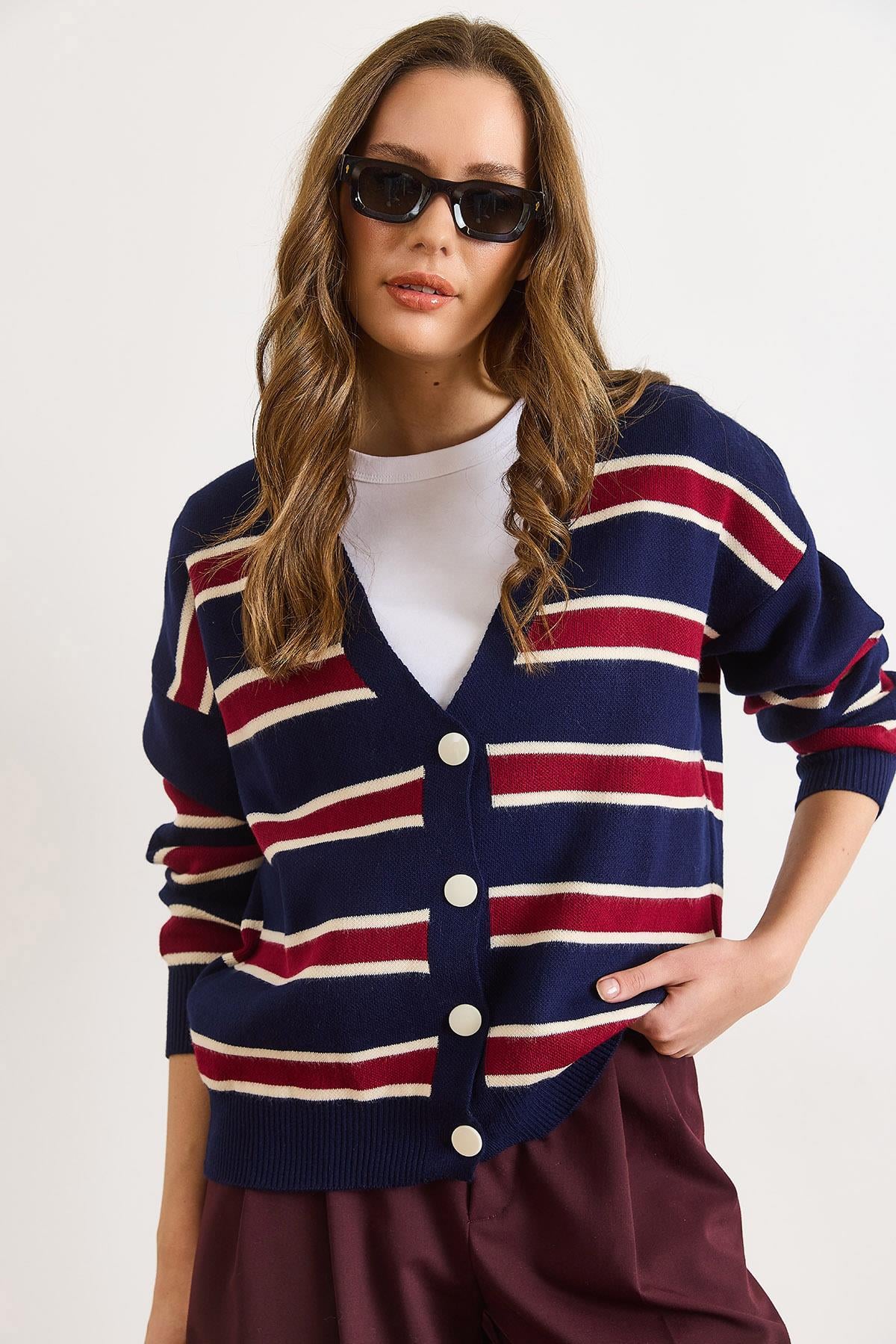 Çizgili Oversize Triko Hırka Lacivert Bordo