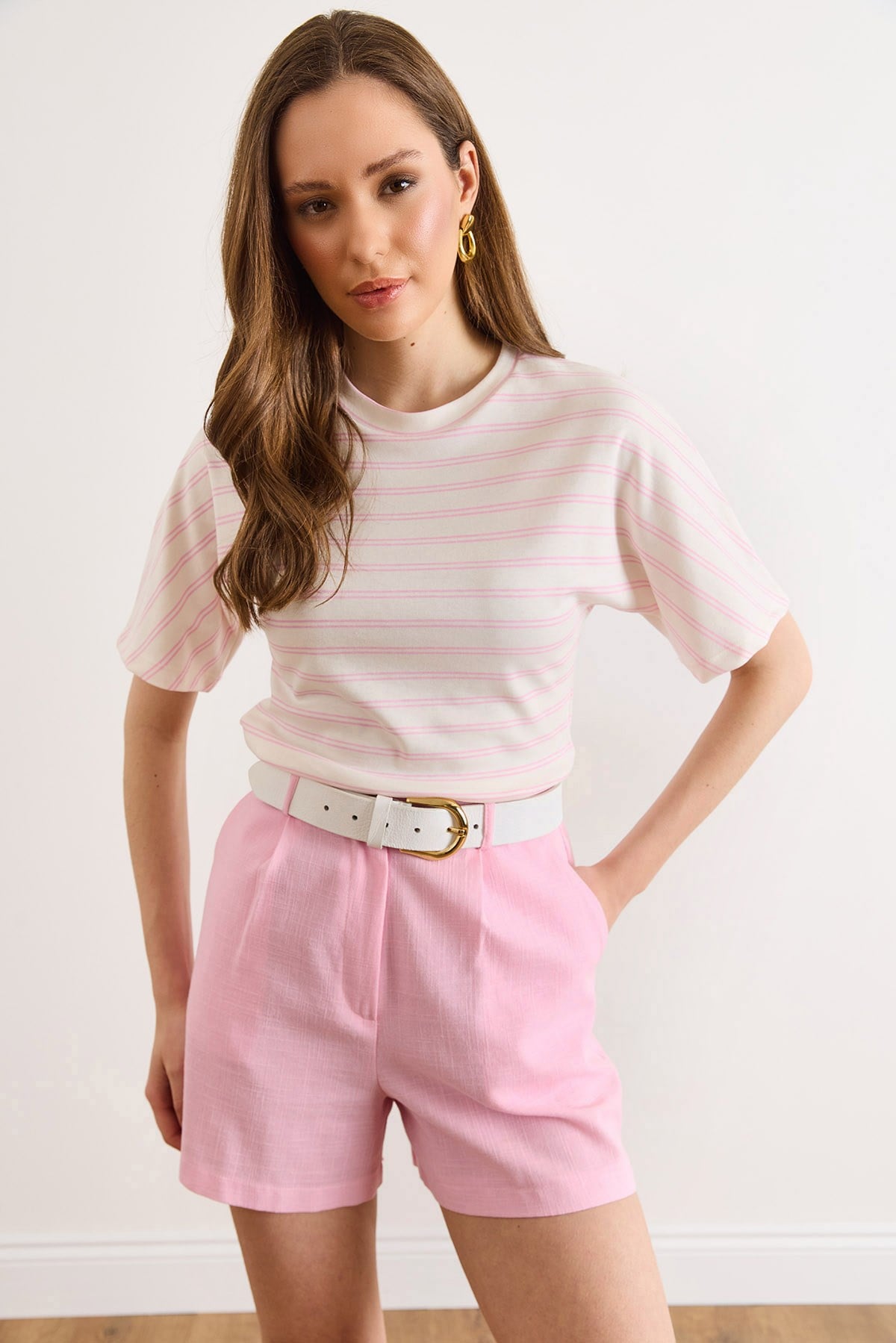 Çizgili Yarasa Basic Tişört Pembe Ekru