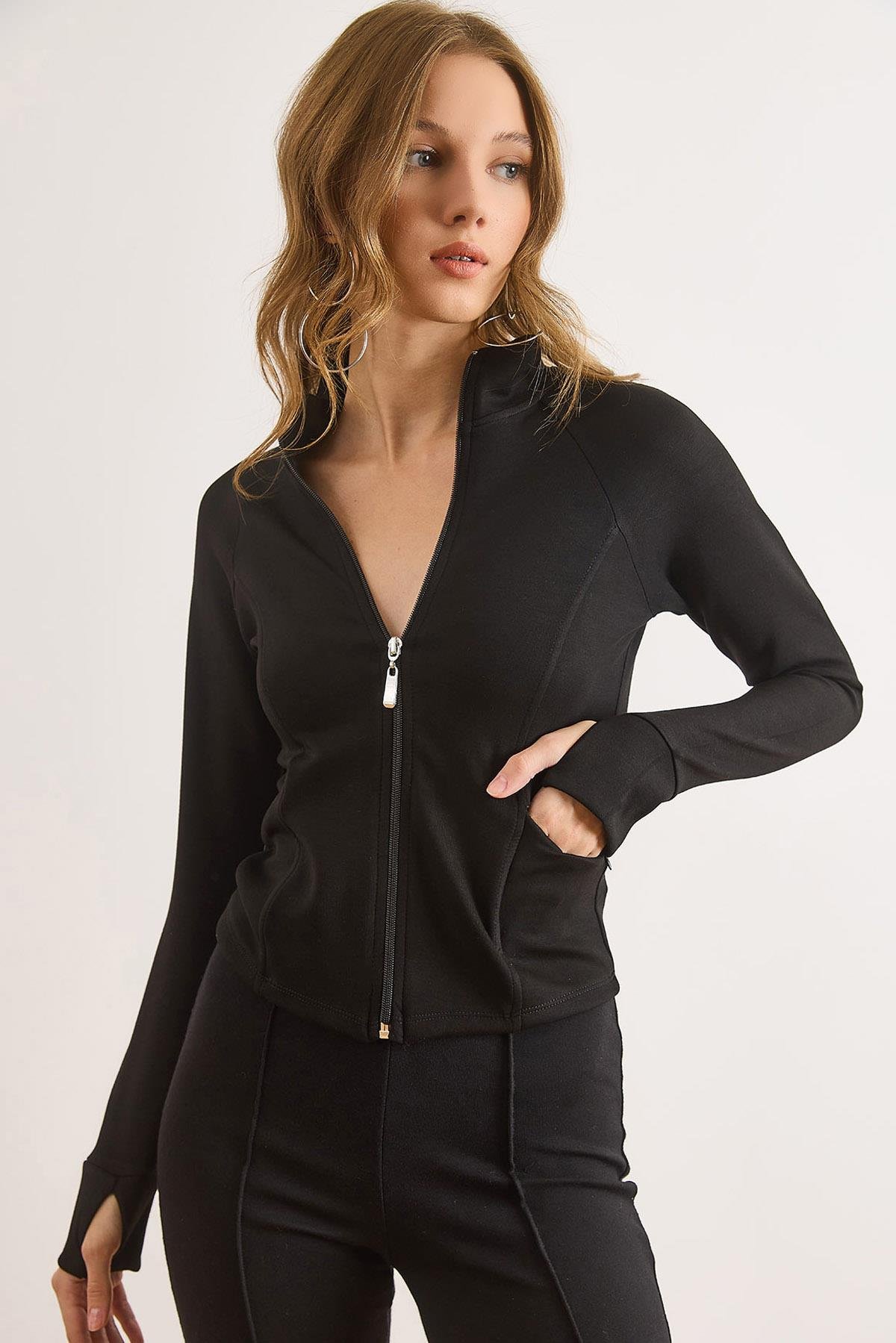 Cupra Modal Baş Parmak Delikli Esnek Spor Ceket Siyah