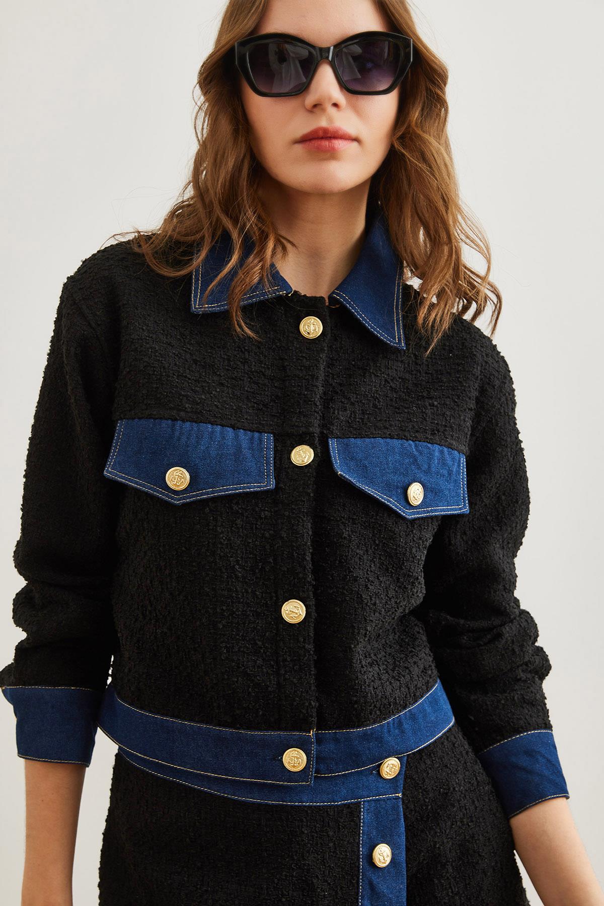 Denim Detaylı Şanel Ceket Siyah