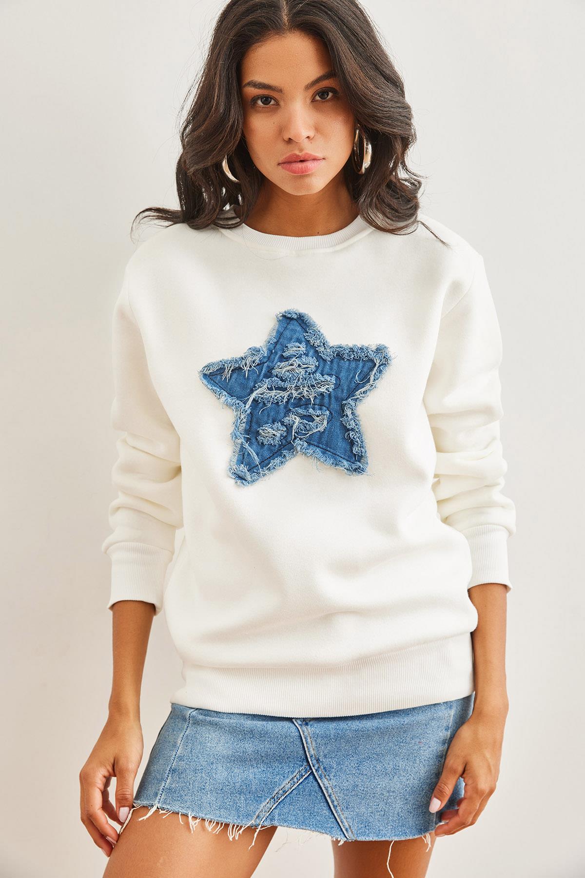 Denim Kalp Garnili Şardonlu Kalın Sweatshirt Ekru