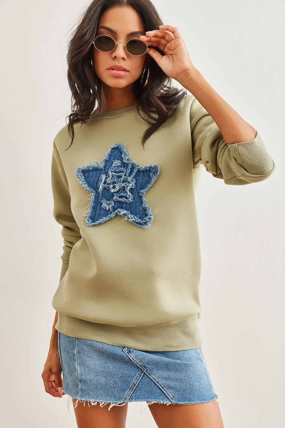 Denim Kalp Garnili Şardonlu Kalın Sweatshirt Haki