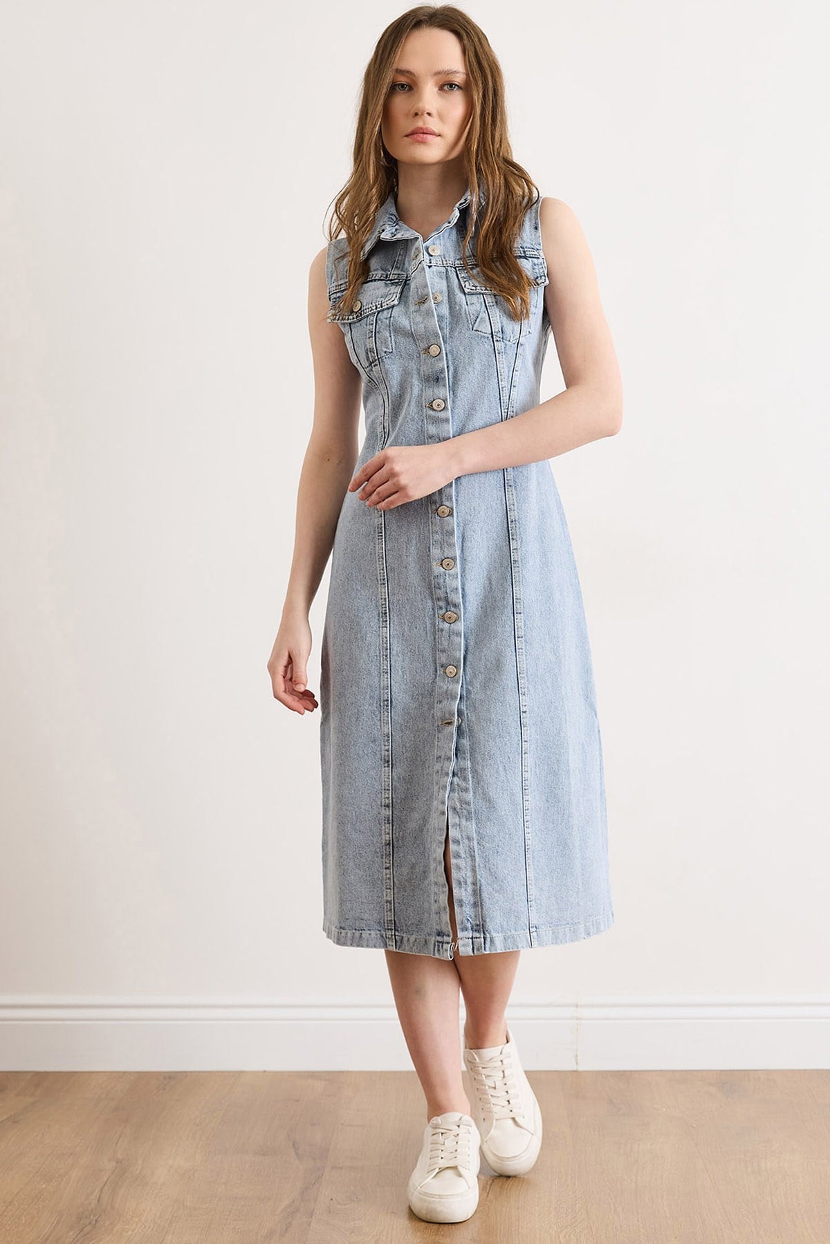 Denim Kolsuz Yıkamalı Midi Gömlek Elbise Açık Mavi