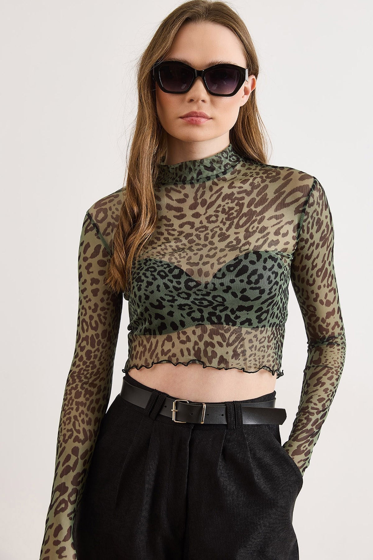 Desenli Crop Esnek Tül Bluz Yeşil Leopar