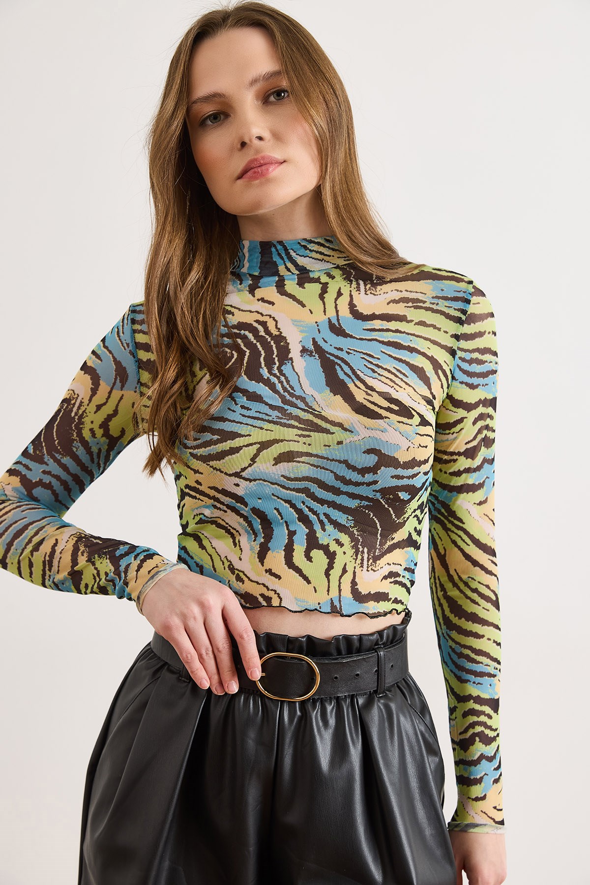 Desenli Crop Esnek Tül Bluz Zebra Yeşil