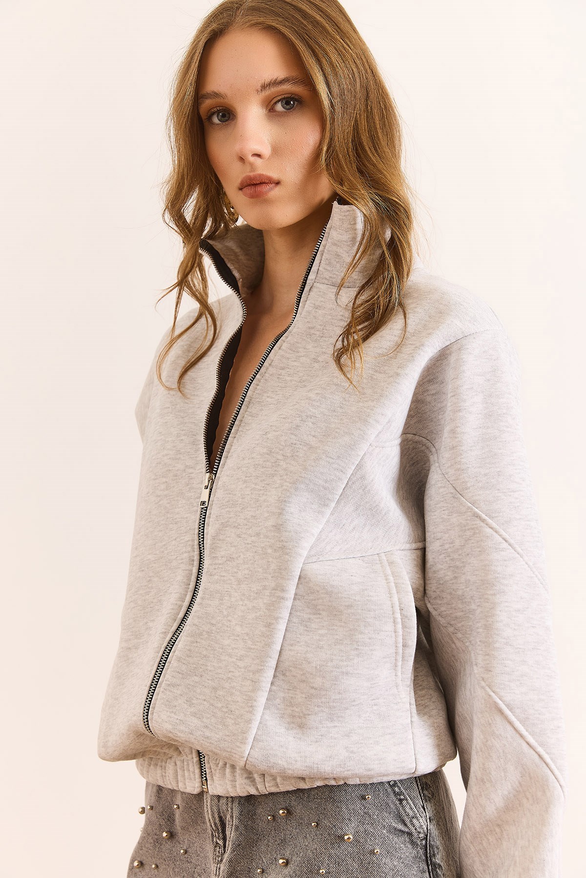 Dikiş Detaylı Cepli Şardonlu Oversize Sweatshirt Gri Melanj