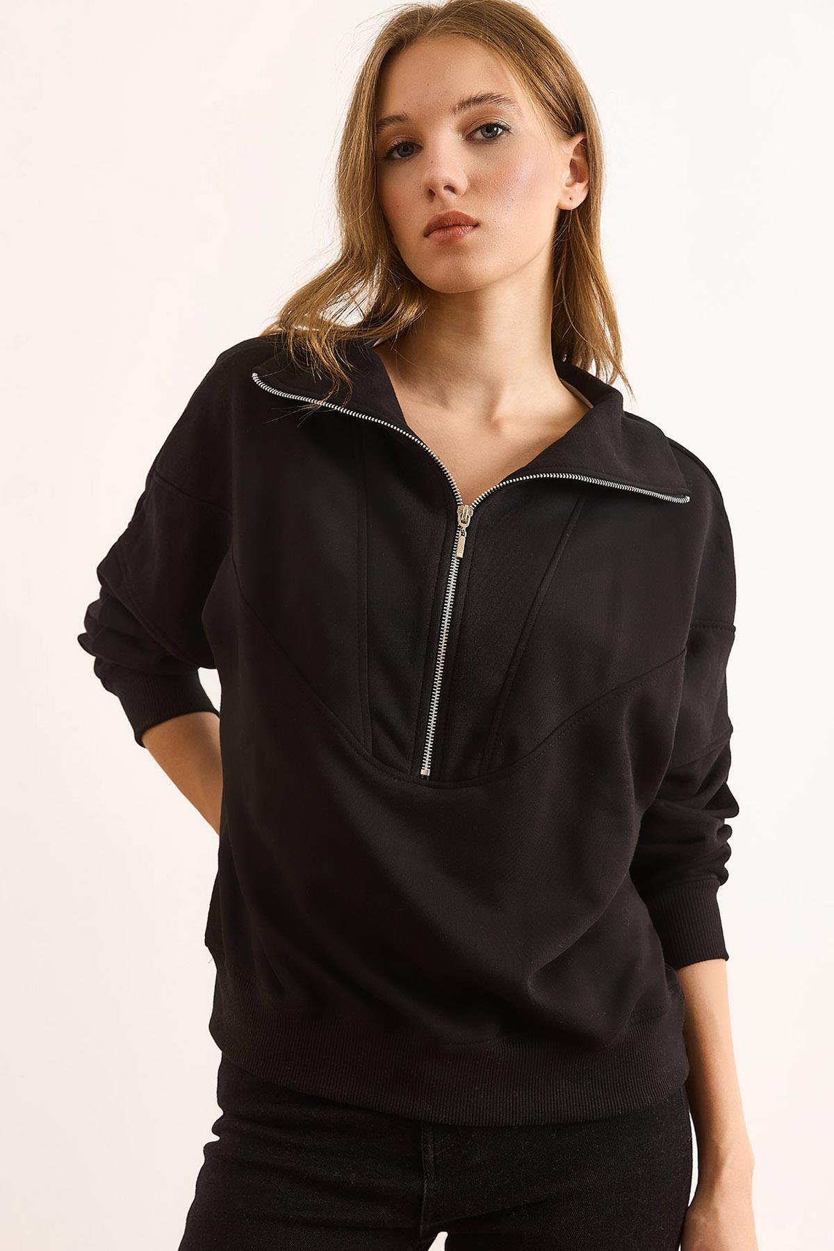 Dikiş Detaylı Fermuarlı Şardonsuz Kalın Sweatshirt Siyah