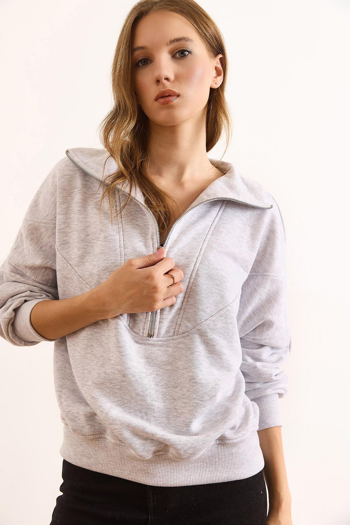 Dikiş Detaylı Fermuarlı Şardonsuz Kalın Sweatshirt Gri Melanj