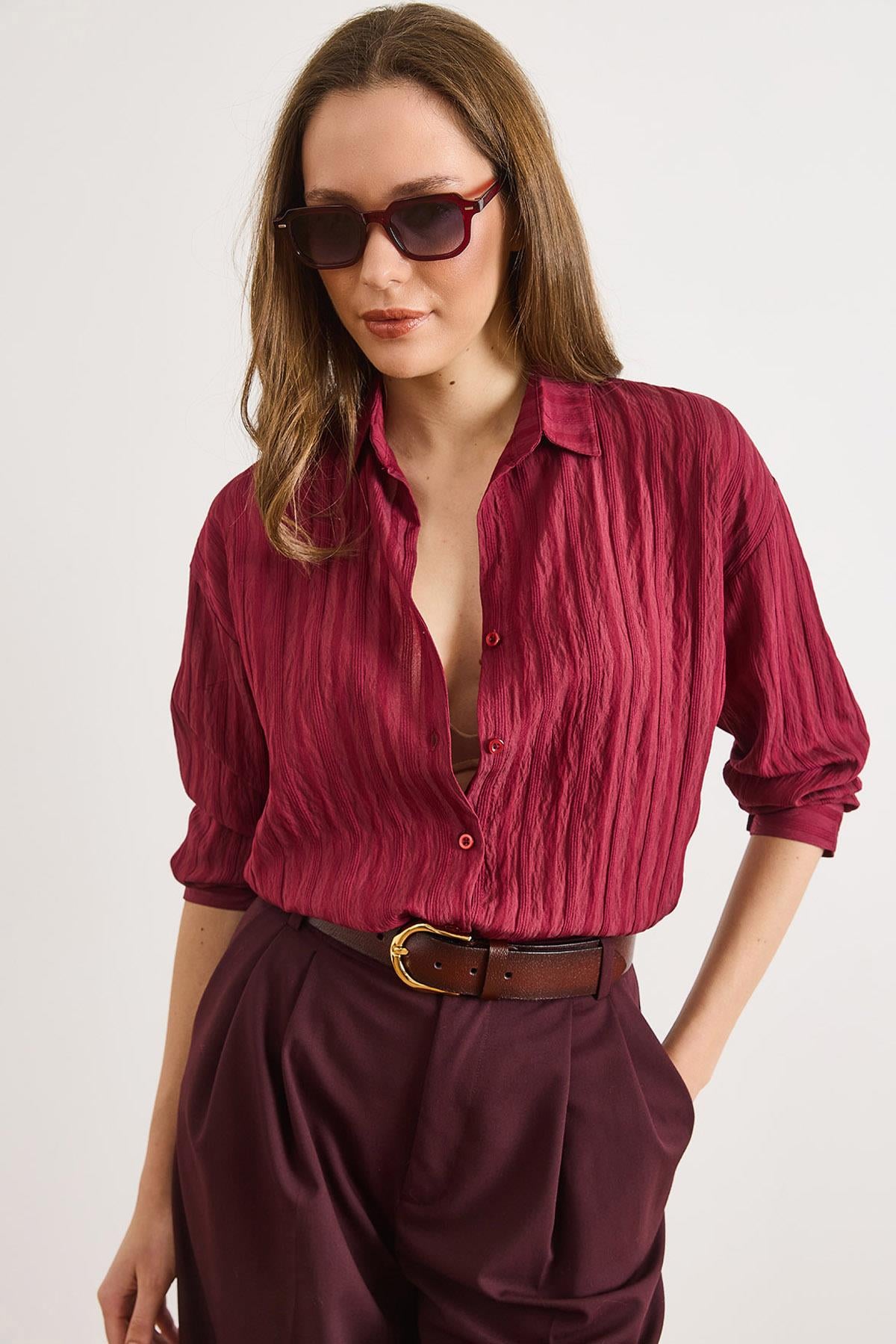 Dokulu Hafif Transparan Loose Fit Gömlek Bordo