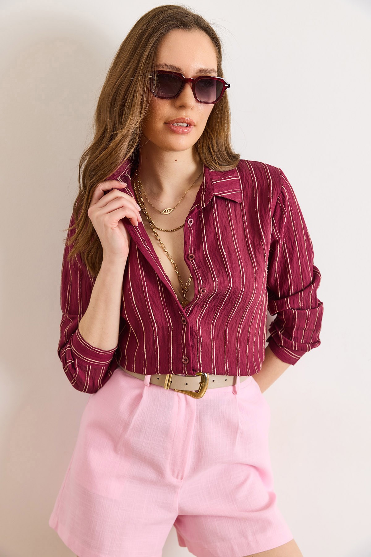 Dokulu Kontrast Çizgili Regular Fit Gömlek Bordo