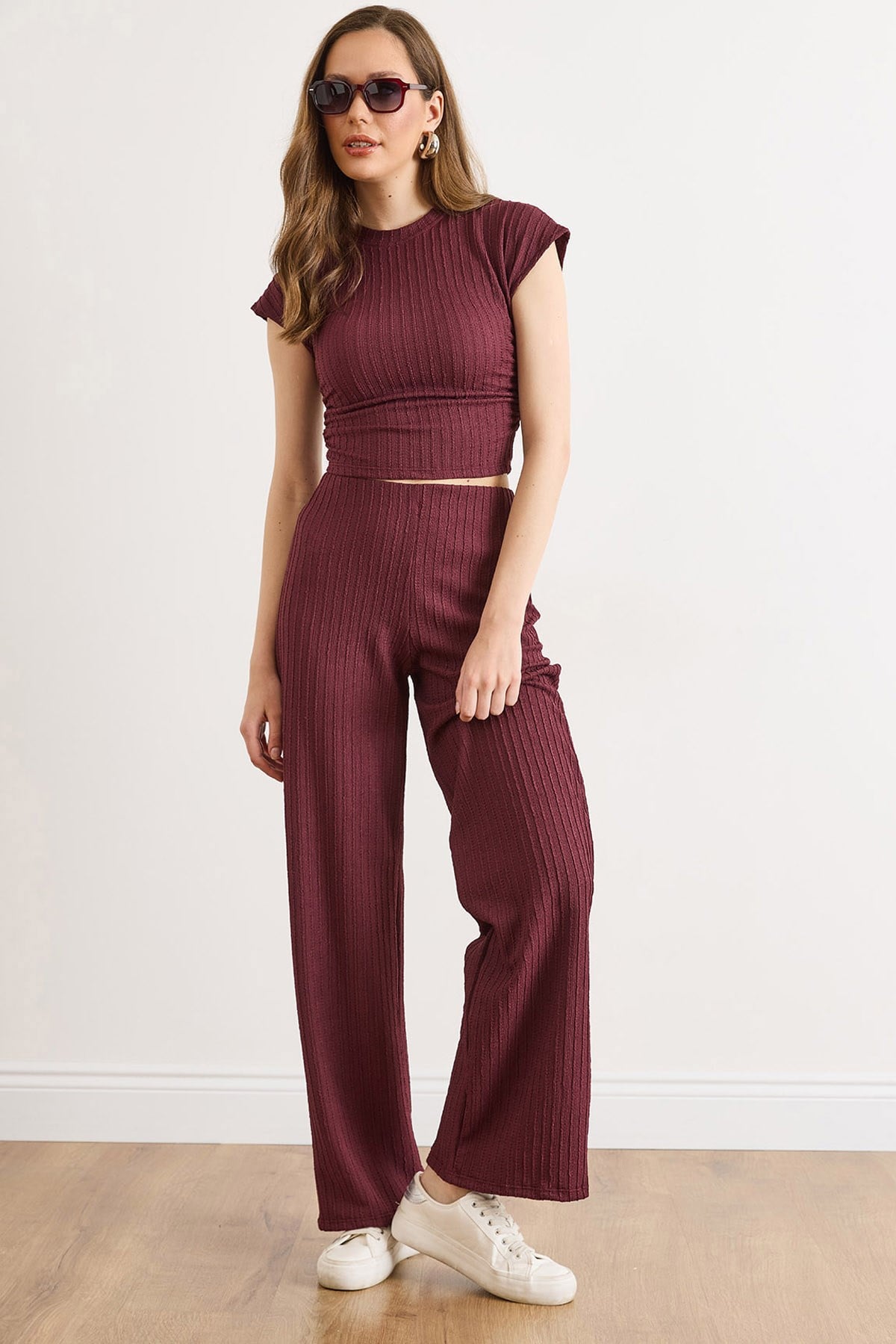 Drape Detaylı Bluz Pantolon Takım Mürdüm