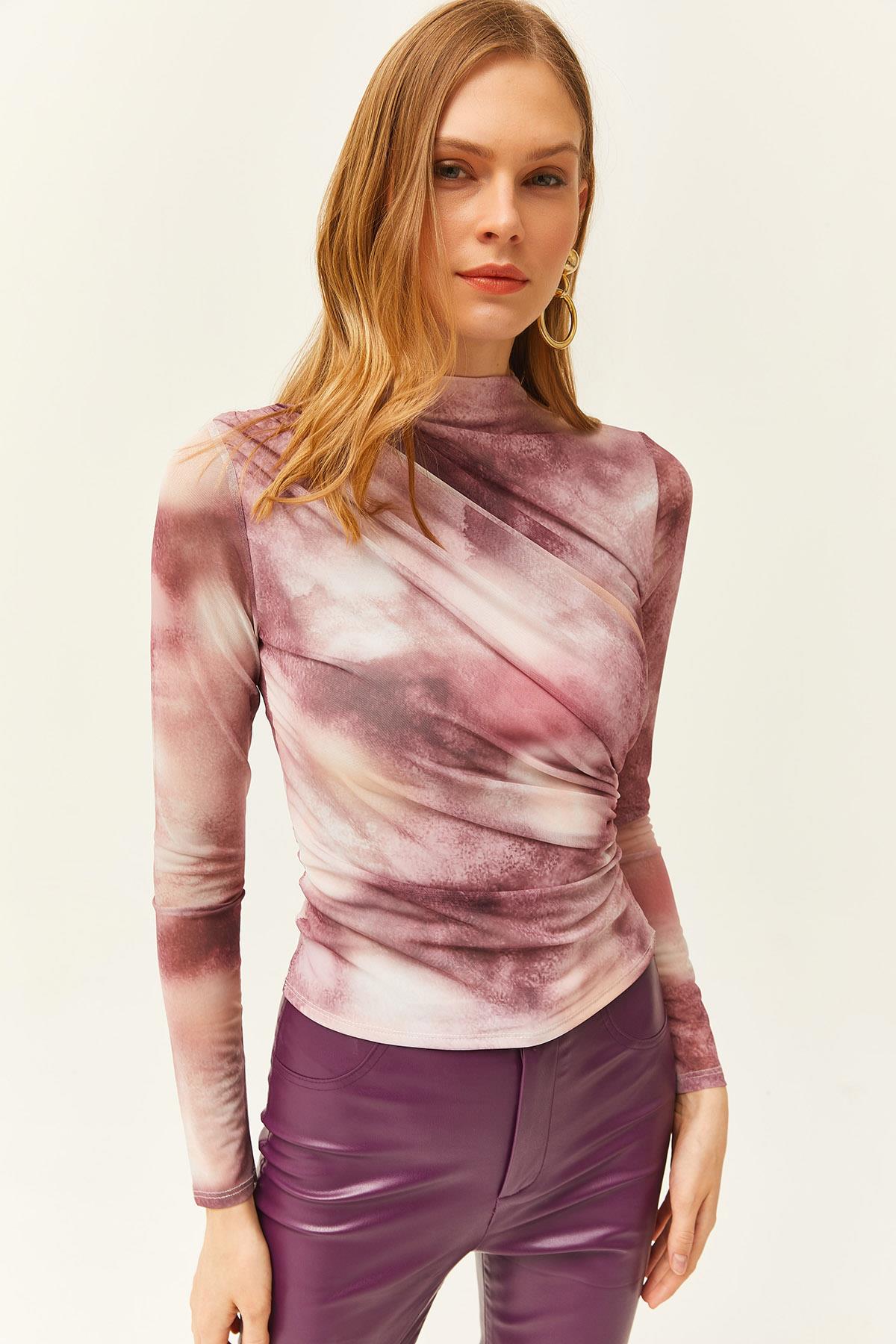 Drape Detaylı Önü Astarlı Tül Bluz Gül Kurusu
