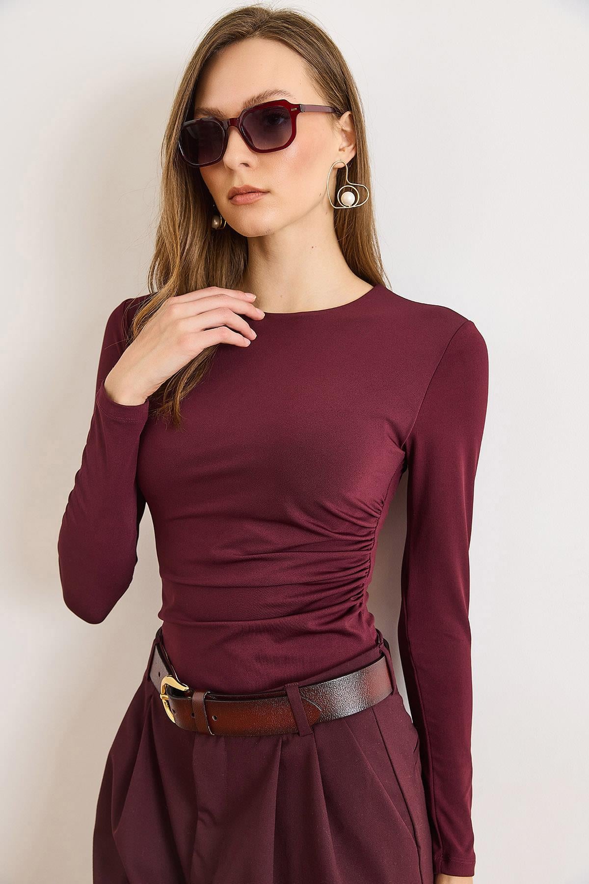 Drape Detaylı Önü Çift Kat Çıtçıtlı Polyamid Bodysuit Mürdüm